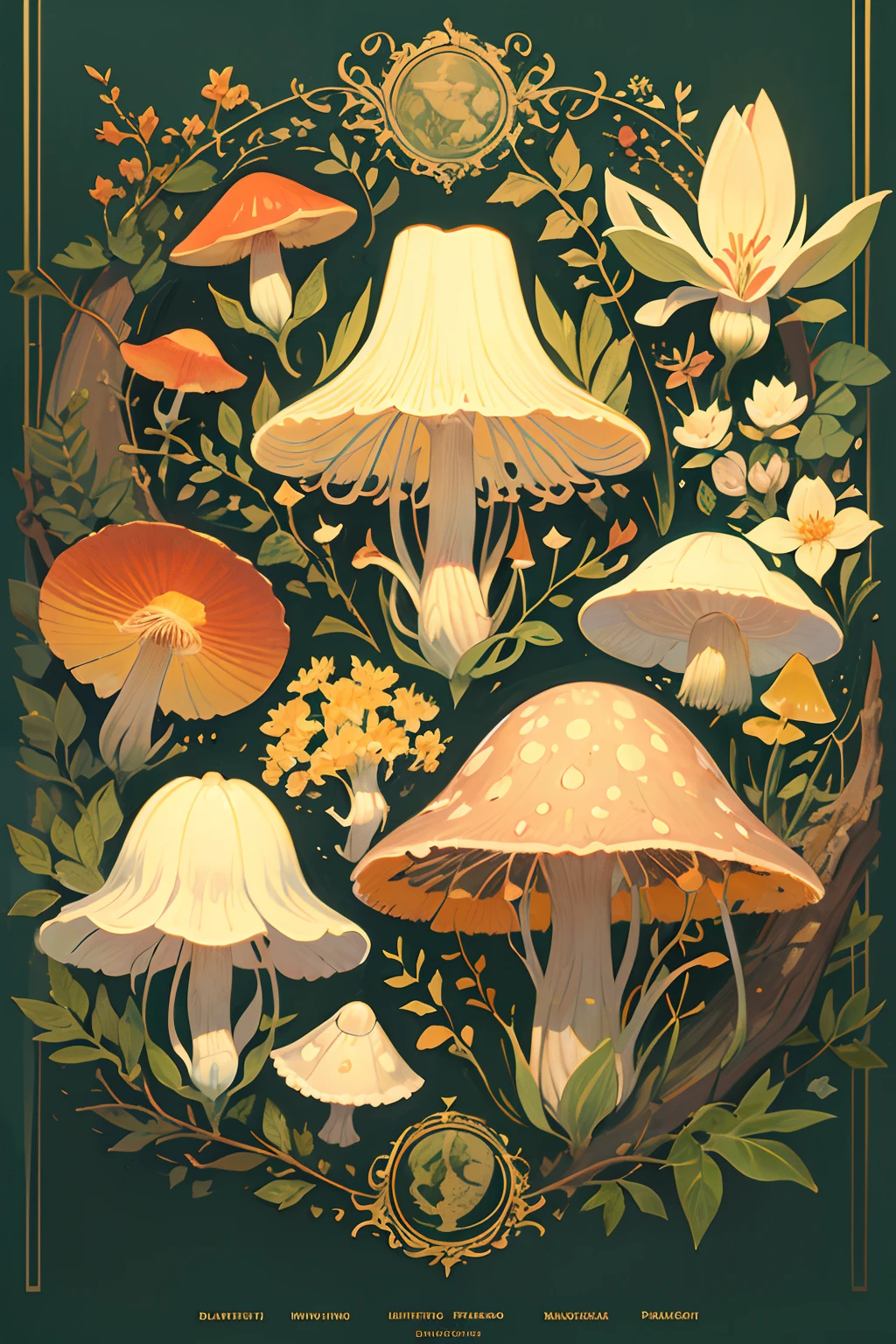 Vintage Victorian style Precise botanical encyclopedia (best quality:1.2), (detailed:1.2), (masterpiece:1.2), vintage botanical illustrations of mushrooms