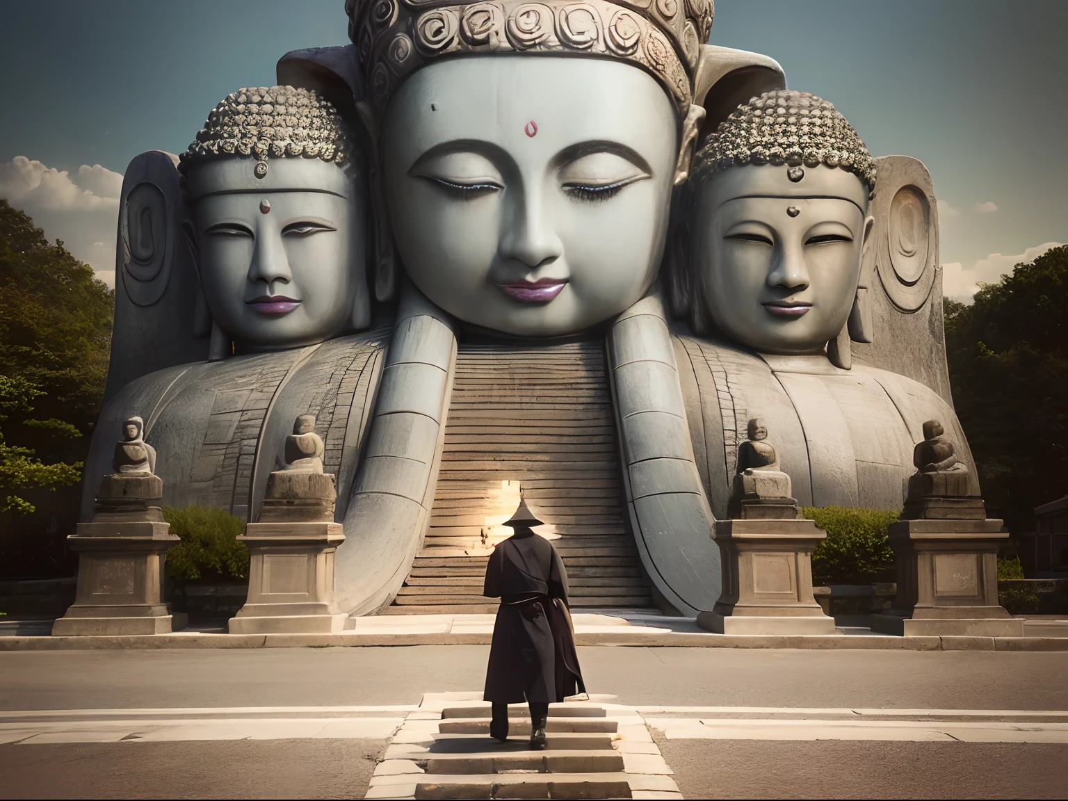 There are huge Buddha statues on the mountain,The Buddha statue has a calm face,Stoic face, a Buddhist Buddha, Buddhism, Buddha, Buddhist, The rising sun shines golden in the sky,The holy light shines on the Buddha statue,(Two pilgrims walk towards the Buddha statue:1.5), Verism, En plein air, Cinematic lighting, stereograms, Masterpiece, hyper HD, Best quality