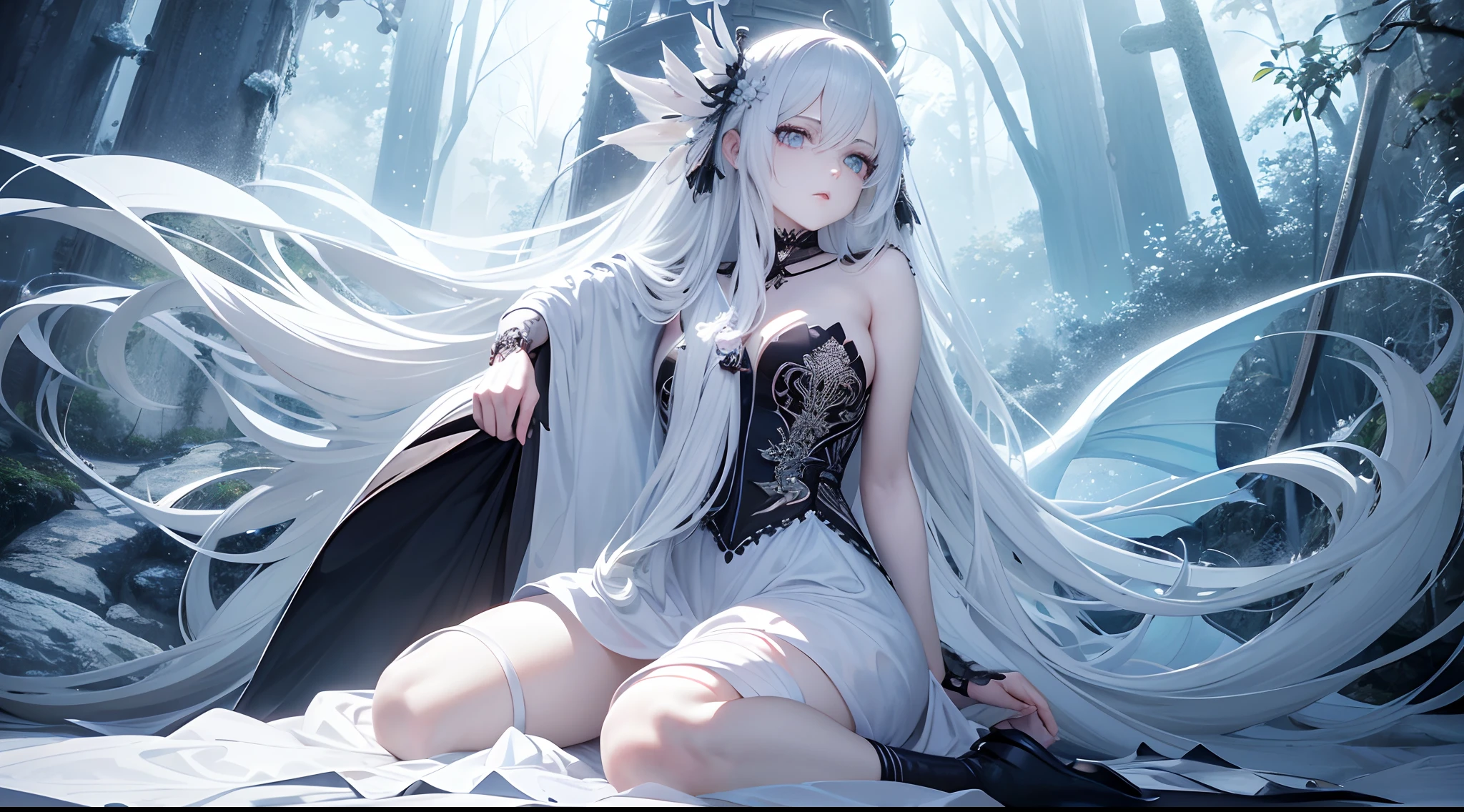 A gothic anime girl with long white hair and a black dress sitting on the bed. The girl has beautiful and delicate eyes, beautiful detailed lips, and a very detailed face，Long eyelashes. The setting is set at the Pixiv Art Station, Pop artist Guvitz is showing his work. The artwork is in the Guvez style, Known for its Gothic aesthetic. The overall image quality is the best, The resolution is 4K. This artwork is a masterpiece with ultra-detailed elements and realism, Photorealistic rendering. The tone of the image is mainly white, Create a tranquil and ethereal atmosphere. The lighting in the scene is carefully crafted, With studio lighting，Focus on contrast. Tip shows a gothic anime girl with beautiful white hair and a black dress, Sit on the bed of a high-quality art exhibition in Guvíz, In his famous art style, All captured with special attention to detail and realism.(Best quality,4K,8K,A high resolution,Masterpiece:1.2),Ultra-detailed,(Realistic,Photorealistic,photo-realistic:1.37),Anime girl standing in bamboo forest in white dress, Pifi Race Champion, Starlight Fairy, aquatic creature, lunar goddess, From Arknights, ethereal anime, Digital art on Piffey, Created by Yuumei, astral ethereal, Beautiful Sky Witch, Pifi, nightcore, Fantasy anime illustration, lunar goddess, [[fantasy]], Pifi style mechanical construction of the dragon，Huge broken weapons，Roaring dragon，glowing lines，Erupting steam