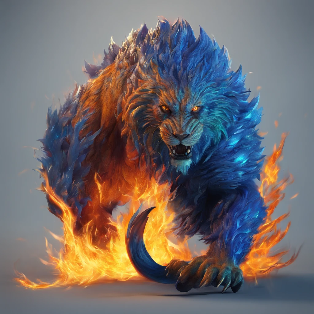 (a fierce animal,blue flames,mystical creature),(best quality,highres:1.2),(ultra-detailed,realistic:1.37),oil painting,sharp focus,professional lighting,vibrant colors,majestic,savage,fiery gaze,ferocious teeth,strong muscles,detailed fur,mythical presence,intense intensity,dynamic posture,supernatural power,glowing eyes,mesmerizing aura,scaled body,extraordinary creature,dominating atmosphere,extra vivid blue,flaming mane,ominous presence,striking contrasts between light and shadow,enhanced details on every scale,luminous glow from the flames,mysterious and mystical,ample texture on fur,rich color variations,symbol of power and strength
