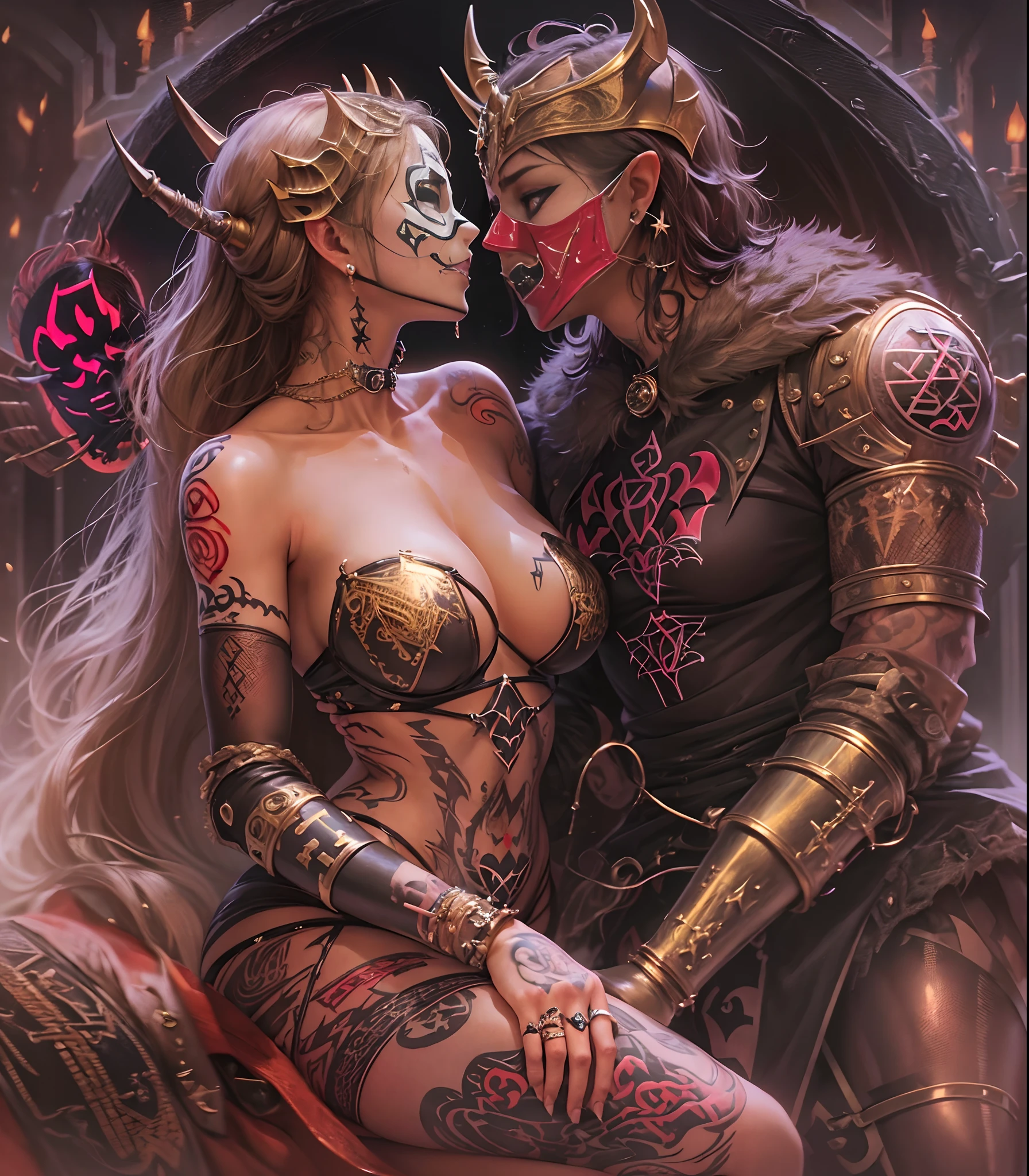 holy knights, medieval warriors,beautiful,detailed,perfectly sculpted bodies:1.1),romantic,erotic,(intimate,longing,passionate:1.2) embrace,sensual,artistic,(graceful,gentle:0.9),(tender,loving:1.1),goddesses,mythological,mythological figures,(symbolic,divine:1.1),(soft,subtle,vibrant) colors,"golden halo", ethereal, radiant, (sensual,adoring:1.2) gazes,curved form, (pleasurable,tactile:1.1) touch, (classic, timeless) beauty, (alluring,magical) atmosphere, (dreamy,romantic) lighting, (expressive,emotional) moments (licking) (perfect asses) (nfsw:1.4) (Perfect breasts) (punk:1.7)) (grabbing breasts:1.4) (grabbing ass:1.4) (petite female bodies) (excessive piercings:1.4) (excessive tattoos:1.7) ((legs spread:1.4)) (bdsm:1.6) ((girls only)) (satanic weapons:1.9) ( play:1.7) (fetish masks:1.8) (rough sex:1.7)