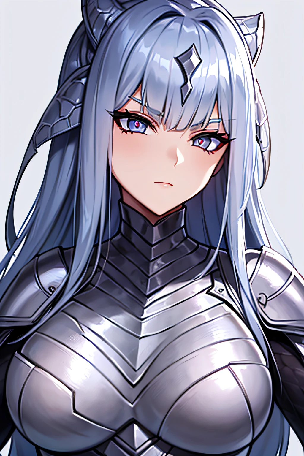 a woman with snake scales on her face, paladin,snake girl silver armor. emphasis on scales on the face, snake pupils of the eyes. snake face, snake face, flat chest, simple background, the character is a woman. Anime style. full-length drawing