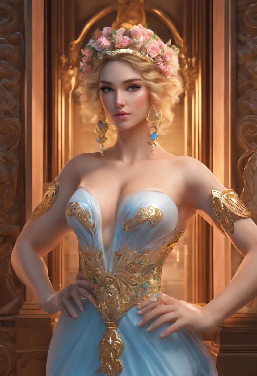 the greek goddess aphrotite，serious and sexy face，Has a face of supernatural beauty and short blonde curly hair decorated with flowers，As well as blue eyes。（Perfect anatomy） ， （perfect  eyes） Her figure is very sexy，gigantic cleavage breasts，Heavy breasts，Hip fitness，Rupture of the abdominal muscles，White silk dress，Big abs，She sits on a large throne of Greek marble，artwork of a。8k.