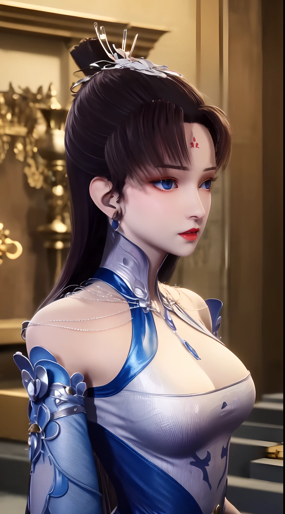 "1 beautiful girl wearing a traditional costume, a long thin light blue dress made of meticulously made silk, deep slit shirt, long hair and silver bangs with a hint of light blue, the most beautiful and detailed hair jewelry, beautiful little face thin eyebrows, the most beautiful and spotless face, ((black iris:0.8)), the very beautiful eyes, big round eyes, ((blue color eyes:1.1)), fine and detailed makeup eyelashes, high nose, wearing earrings, small red lips, rosy face, clean face, beautiful face without blemish, smooth white skin, ((big breasts: 0.9)), Blums boobs, ((big and super round breasts:0.9)), ((super tight breasts:1.2)), ((breast augmentation: 0.8)), beautiful breasts, slim and petite body, ((thin waist: 0.9)), upper body of a beautiful girl, sexy girl, skirt, lace mesh socks to match the color of the outfit, fishnet stockings color coordinated according to the outfit, pose elegantly, elegantly, and politely, 8k photo, super high quality, super realistic, 10x super pixels, photo realistic, dark studio, border light, two tone light, (detailed skin high: 1.2), 8k uhd, dslr, soft light, high quality, volumetric light, candid, Photo, high resolution, light, best photo, 4k quality, 8k, Bokeh, Smooth and sharp, pixel up 10 times, lightning, super graphics, the most realistic graphics, (((Snowy background: 1.6))), 1 girl, alone, solo, ((frontal portrait:1.5)), Extremely sharp, super realistic images."