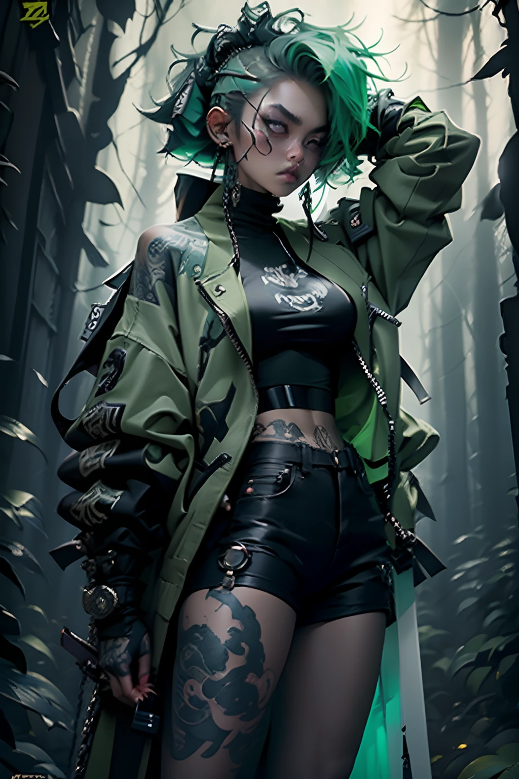 kpop girl wearing sage green futuristic jacket, sexy body, big sword katana black turtle neck attire, big jacket, serious face, chains, tattoos, cool pose, whole body shot, big eyes, glowing forest background