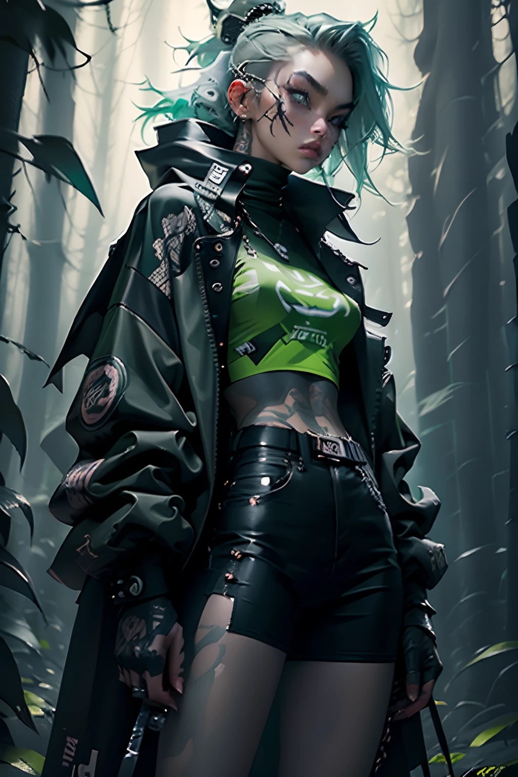 kpop girl wearing sage green futuristic jacket, sexy body, big sword katana black turtle neck attire, big jacket, serious face, chains, tattoos, cool pose, whole body shot, big eyes, glowing forest background