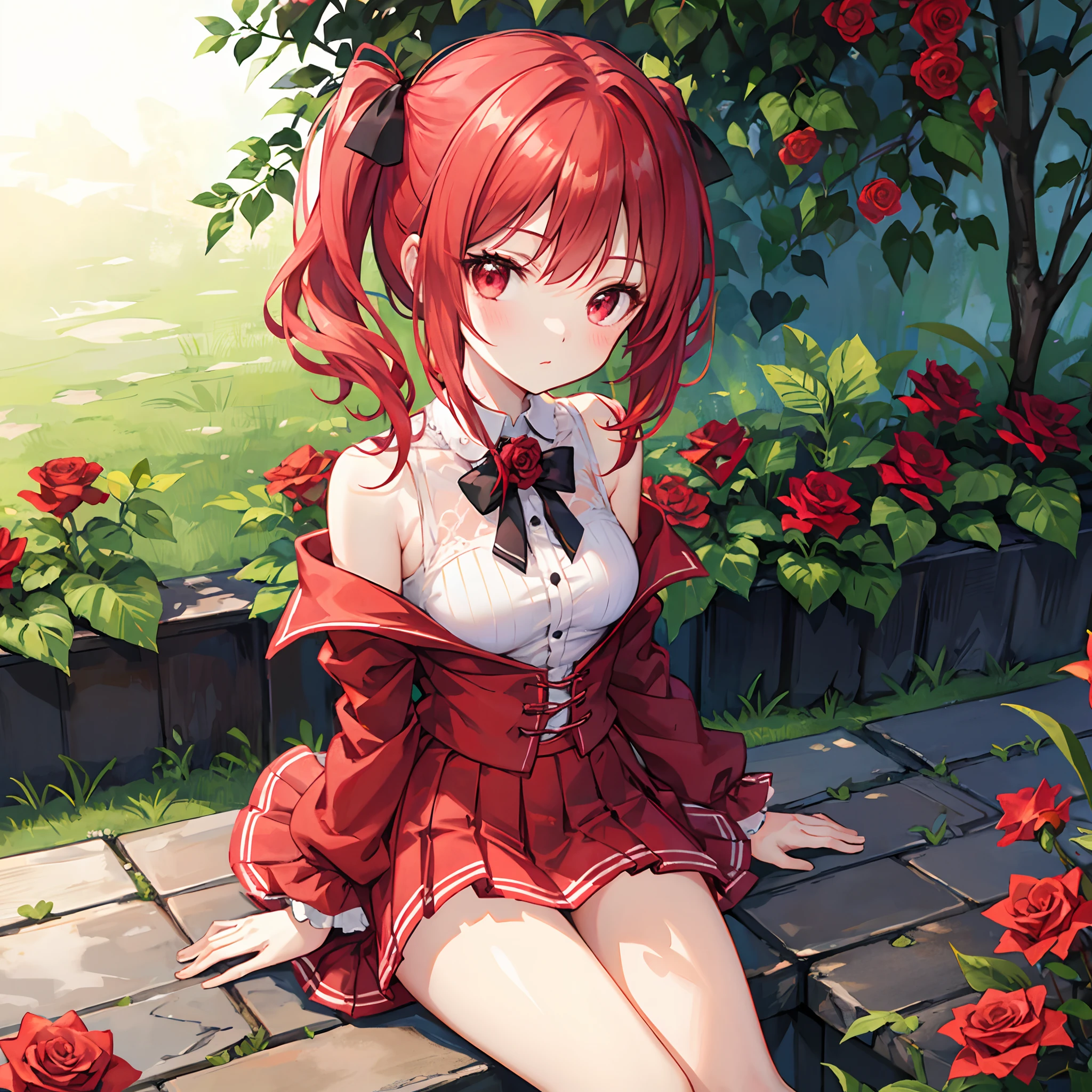 Red hair、Hair is up、red eyes、Beautiful girl alone、off shoulders、a miniskirt、Bright red rose garden、sitting on、White panty