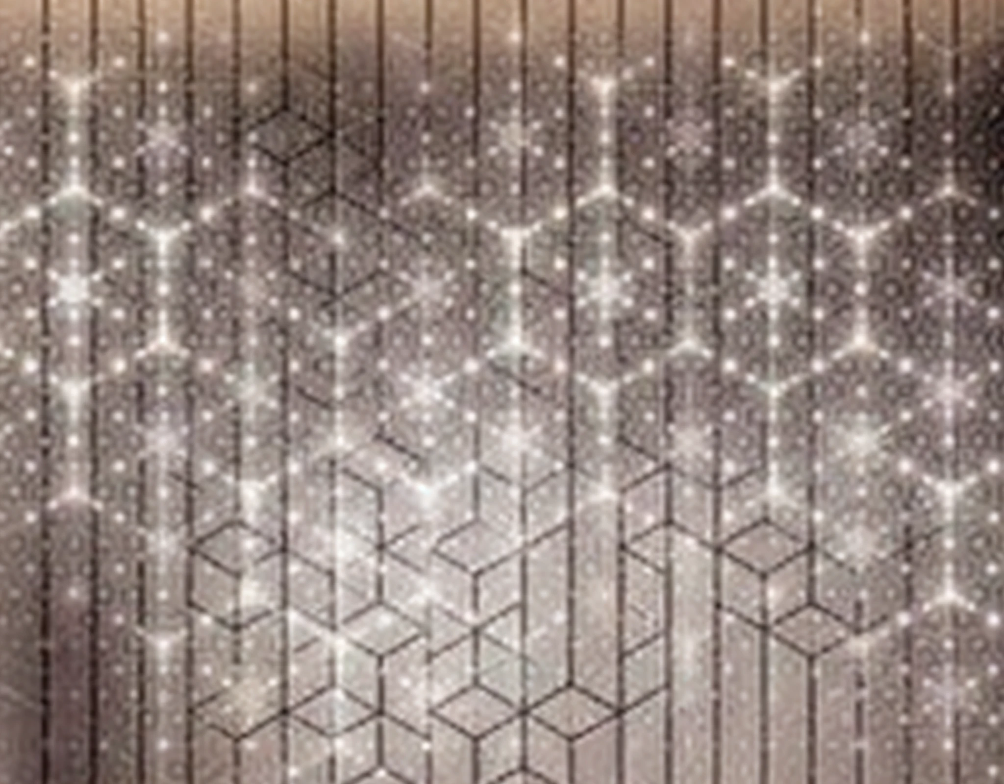 There is a picture of a wall，It has a star pattern on it, Geometric background; LED, Refractive rays and flashes, Fractive strips and flashes, intricate sparkling atmosphere, Refracted sparks, Sparkle, Sparkling multifunctional ornaments, Beautiful design, Sparkling, Glowing stained glass background, Beaded curtains, shimmering dazzling lighting, glimmering, symetry!! solid cube of light, glimmering