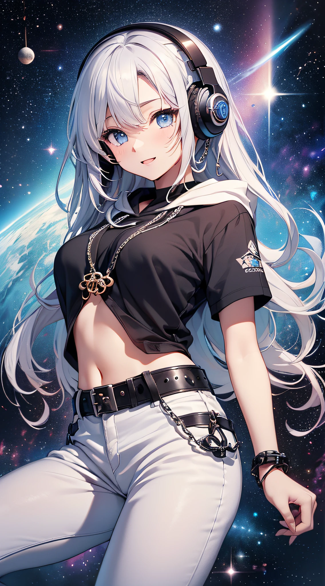 top-quality、Top image quality、masterpiece、girl with((18year old、Black navel exposes short sleeve hoodie、White pants、Best Bust、Bust 85、silber hair、disheveled long hair、Blue eyes、open chest wide、Happiness、Chain Accessories、Put on headphones、Cosmic Accessories、weightless)hiquality、visualart、Background with(spaces、stele々、kosmos))、masutepiece、Best graphics、Super delicate