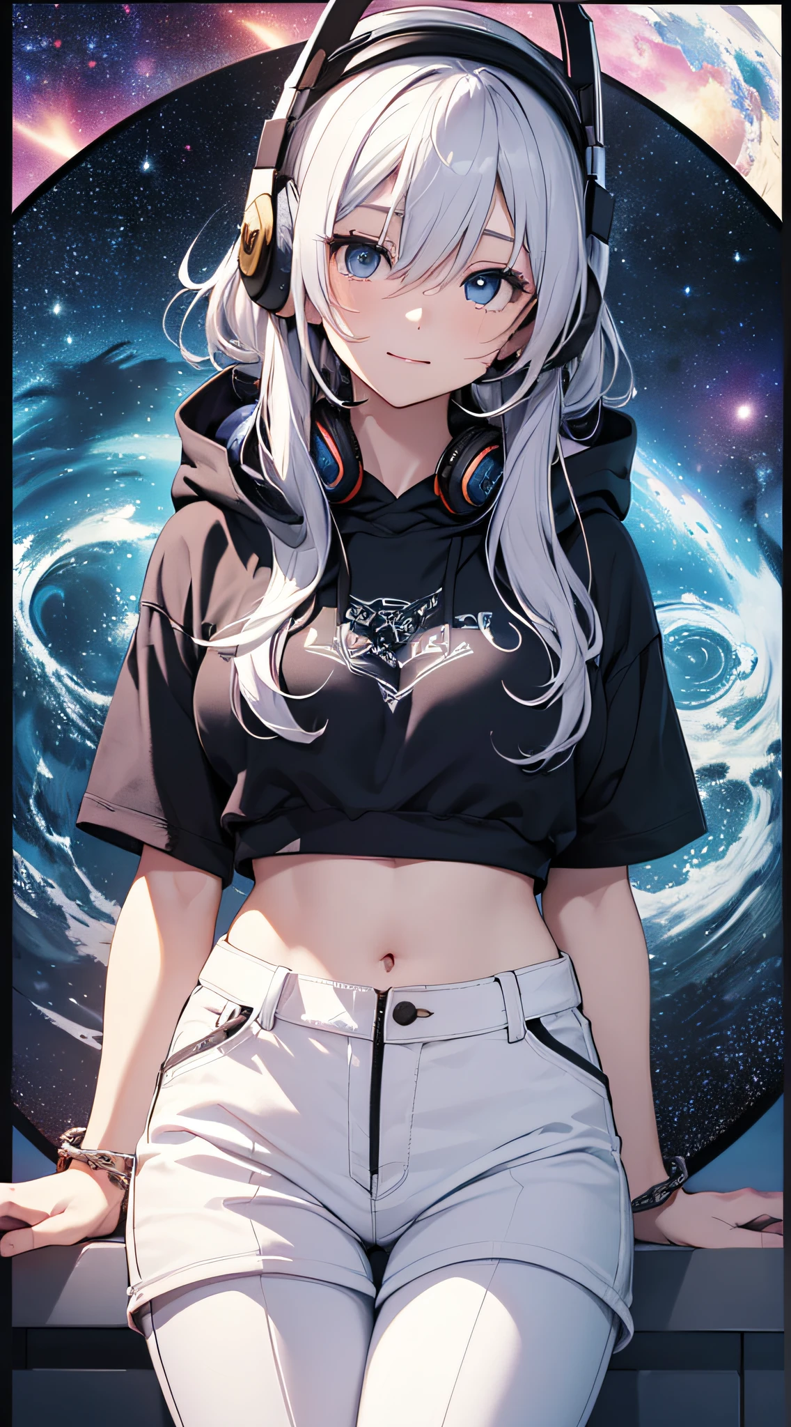 top-quality、Top image quality、masterpiece、girl with((18year old、Black navel exposes short sleeve hoodie、White pants、Best Bust、Bust 85、silber hair、disheveled long hair、Blue eyes、open chest wide、Happiness、Chain Accessories、Put on headphones、Cosmic Accessories、weightless)hiquality、visualart、Background with(spaces、stele々、kosmos))、masutepiece、Best graphics、Super delicate