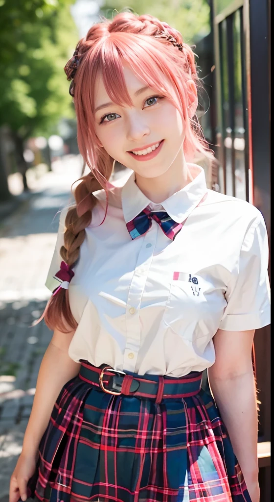 (ultra-detailliert), Tartan check jacket,high-school uniform、Blue eyes,The upper part of the body、a closeup、faces、(A smile:1.5),(facing front:1.2), 20yr old, s girl,no tail,(no tail),2D, masterpiece, top-quality, animesque, A detailed eye, A detailed face, girl with, Only 1 person,Medium hair with pink hair, (Golden hair), Ear Hair, small tits, Single braid, (Single braid), (Side braid), Golden Ribbon, Ribbon around the neck, school background