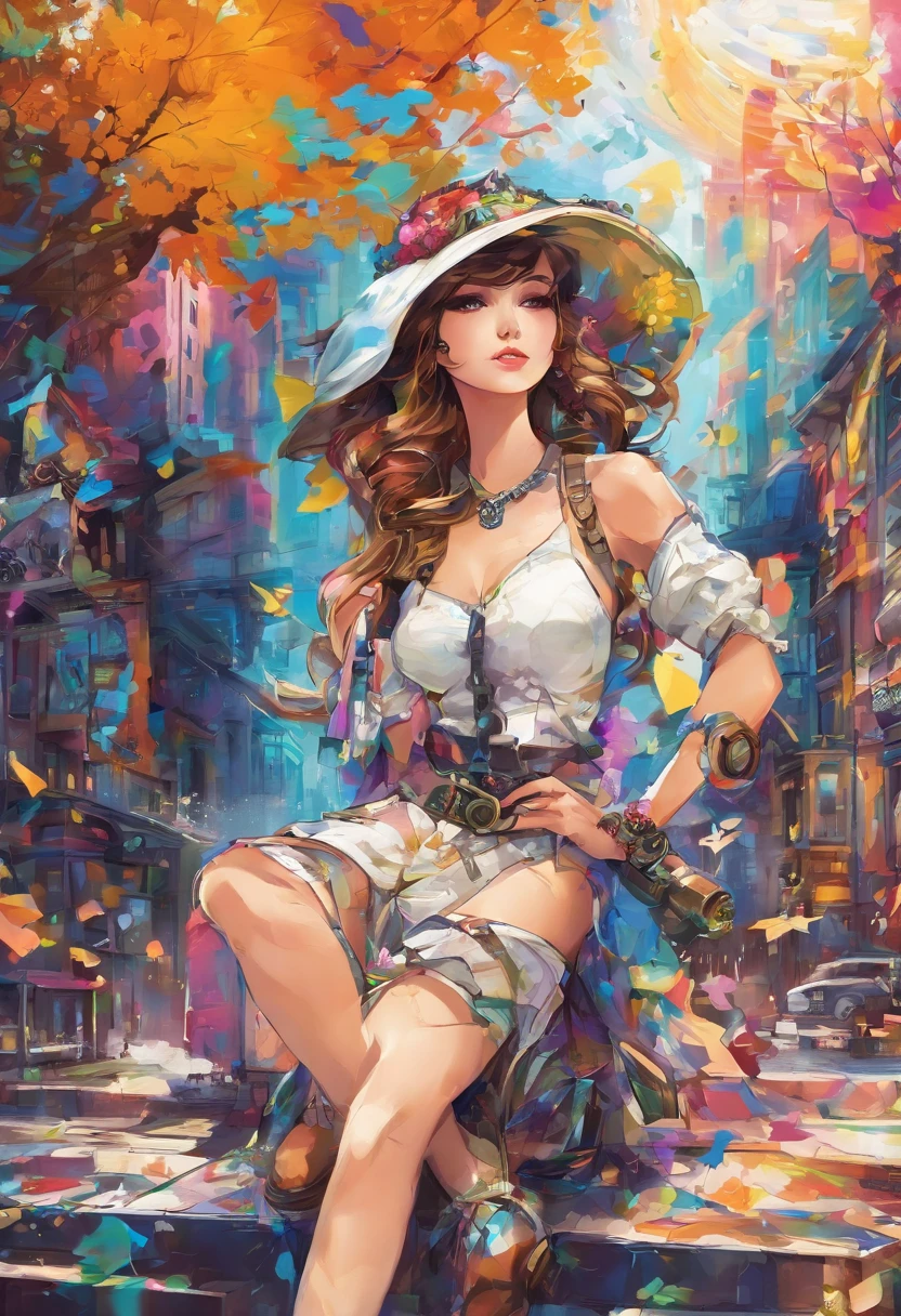 absurderes、ultra res、ultra-detailliert、（bokeh dof:1.8）、More accurate body、Beautiful depiction、（steampunc:1.5）、Beautiful and cute woman、Take model photos in the park with views of the large bridge、Classy costumes and accessories、lensflare、Reflectors、Prism Light、Wind-blowing effect、