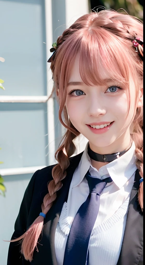 (ultra-detailliert), Tartan check jacket,high-school uniform、Blue eyes,The upper part of the body、a closeup、faces、(A smile:1.5),(facing front:1.2), 20yr old, s girl,no tail,(no tail),2D, masterpiece, top-quality, animesque, A detailed eye, A detailed face, girl with, Only 1 person,Medium hair with pink hair, (Golden hair), Ear Hair, small tits, Single braid, (Single braid), (Side braid), Golden Ribbon, Ribbon around the neck, school background