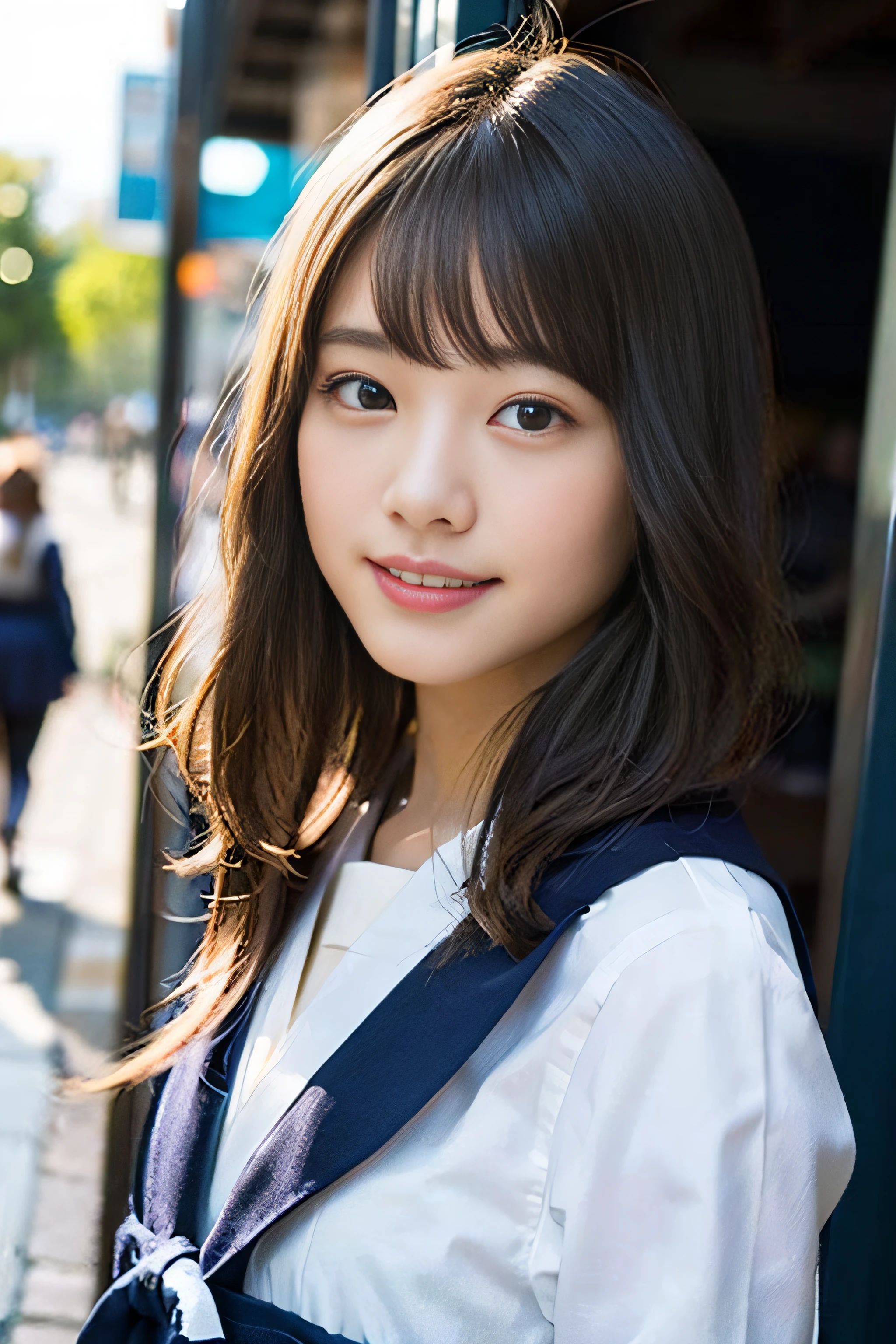 (8K、Raw photography、top-quality、masterpiece:1.2)、(realisitic、Photorealsitic:1.37)、ultra-detailliert、超A high resolution、女の子1人、see the beholder、beautifull detailed face、A smile、Constriction、(Slim waist) :1.3)、Beautiful detailed skin、Skin Texture、Floating hair、Professional Lighting、Whole human body、Longhaire、a blond、japanese hight school uniform、a sailor suit、In the street、Bob Hair、bus stop、Happy smile、sixteen years old