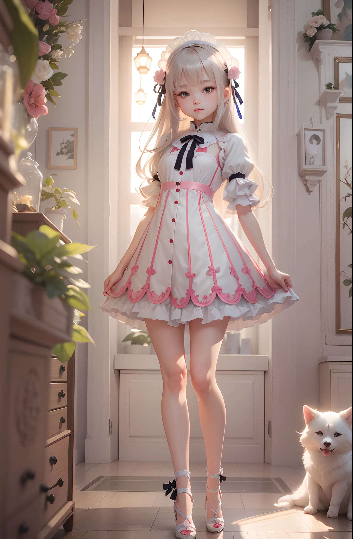 1 girl with ,Age 18 years,standing on your feet,Wearing lolismile,Feminized facial features,Straight hair,A calm posture,Porcelain-like skin,Subtle blush,a white wall,Characters shrink,fully body photo,Wear high heels(((tmasterpiece),(Very detailed CG unity 8K wallpaper),best qualtiy,,独奏,1girll,cinmatic lighting,detailed back ground,,ultra - detailed,tmasterpiece,)),ultra - detailed,offcial art,统一 8k 壁纸,2.5D thick coating,The eyes are the same size,The lower eyelids are the same size,Pupils are the same size