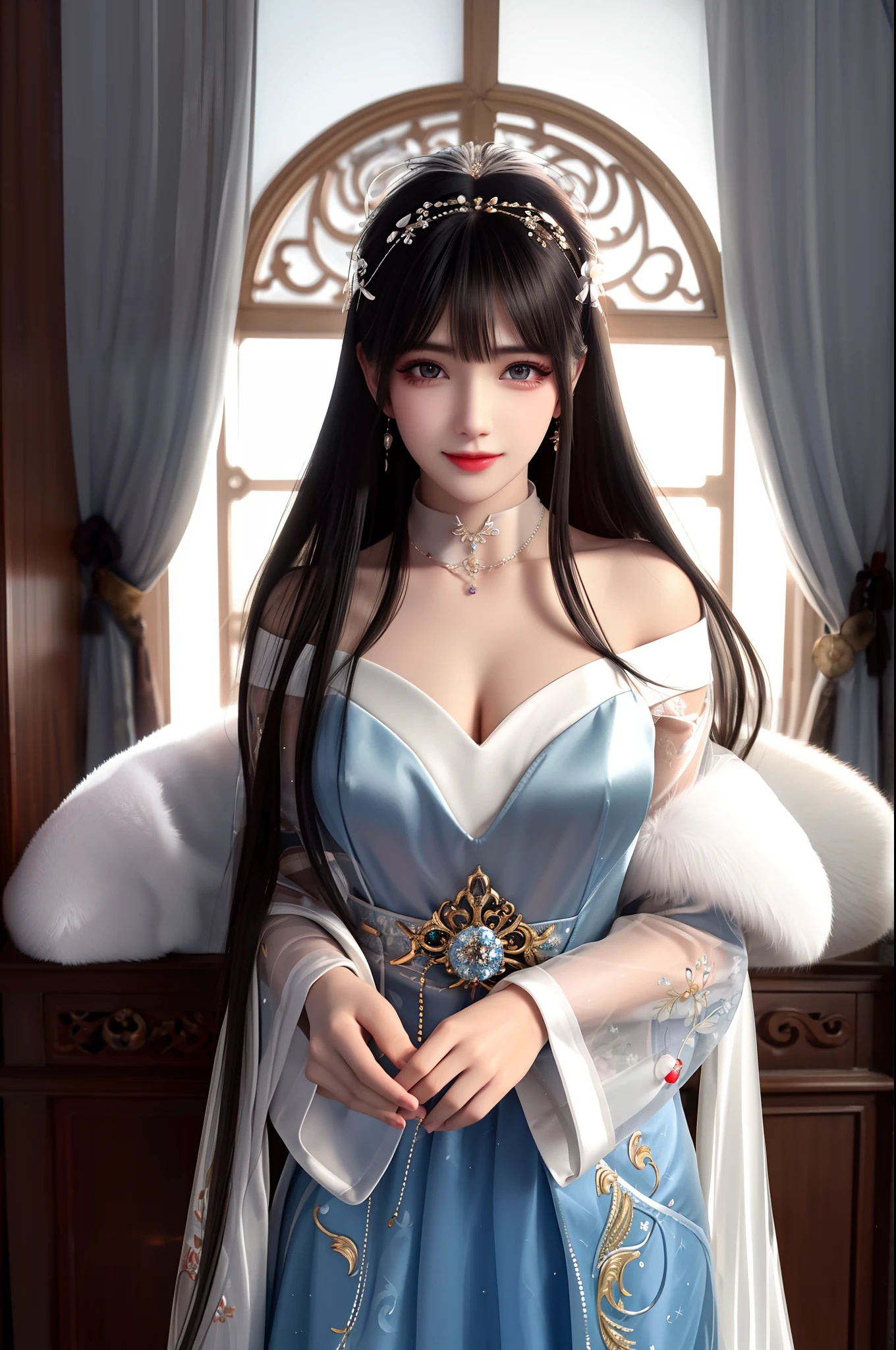 best qualityer，8K， tmasterpiece， A high resolution， 1girll， Clear silk porcelain dress， Fur coat， hair adornments， ssmile， Keep one's mouth shut， cparted lips，Large breasts，Shoulder， shift dresses， hair adornments， choker necklace， jewely， Chinese outfit， long whitr hair， 耳Nipple Ring， Detailed beautiful eyes， detailed eyelashes， beautiful  face，after sexing_Body， Tyndall effect，realisticlying， edge lit， twotonelighting，（highdetailskin：1.2）， 8K, Ultra HD， digital SLR camera， gentle illumination， high high quality， Volumetriclighting， Frankness， photore， A high resolution， Bokeh， at a forest， Falling snow， Winters， in the afternoon