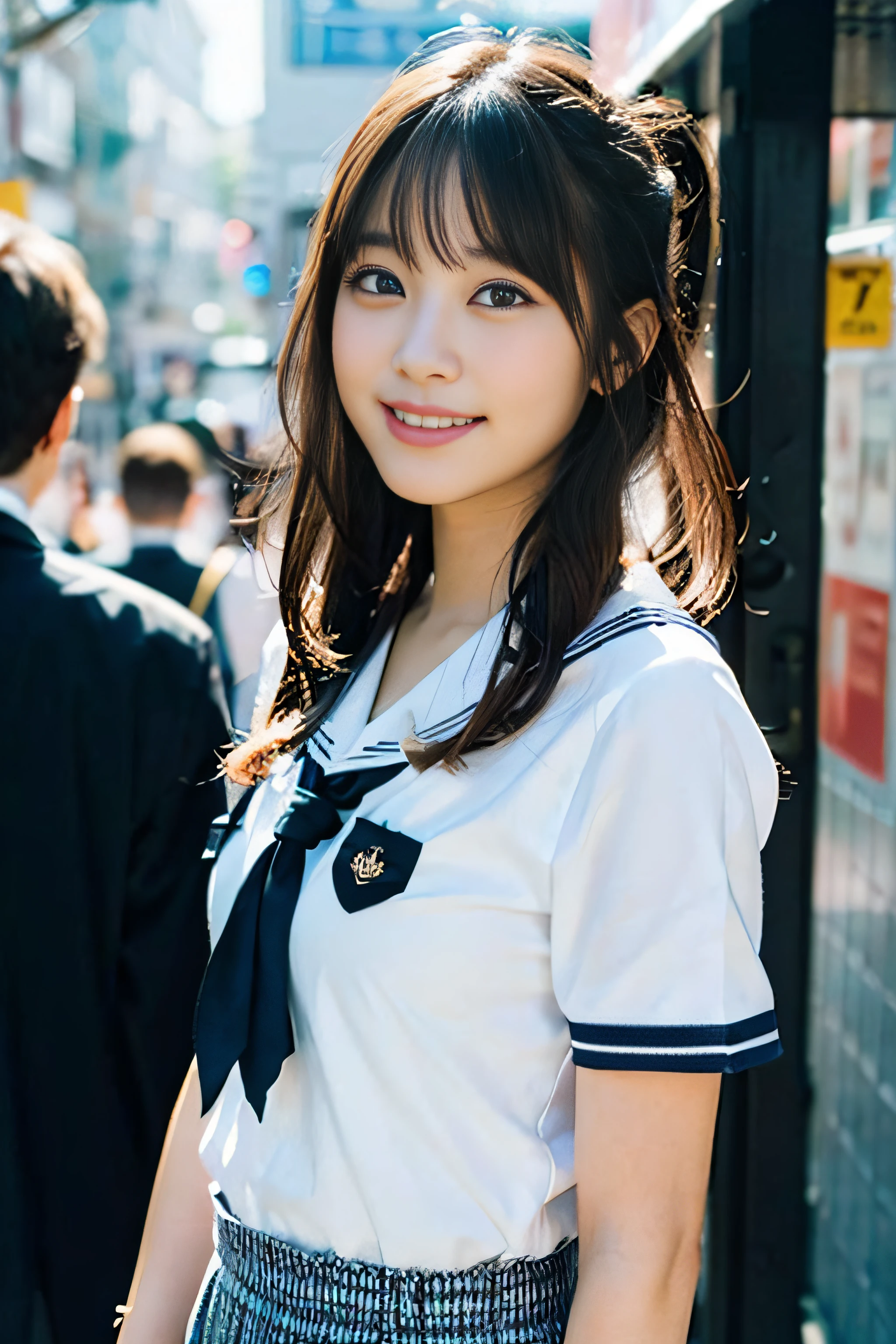 (8K、Raw photography、top-quality、masterpiece:1.2)、(realisitic、Photorealsitic:1.37)、ultra-detailliert、超A high resolution、女の子1人、see the beholder、beautifull detailed face、A smile、Constriction、(Slim waist) :1.3)、Beautiful detailed skin、Skin Texture、Floating hair、Professional Lighting、Whole human body、Longhaire、a blond、japanese hight school uniform、a sailor suit、In the street、Bob Hair、bus stop、Happy smile、