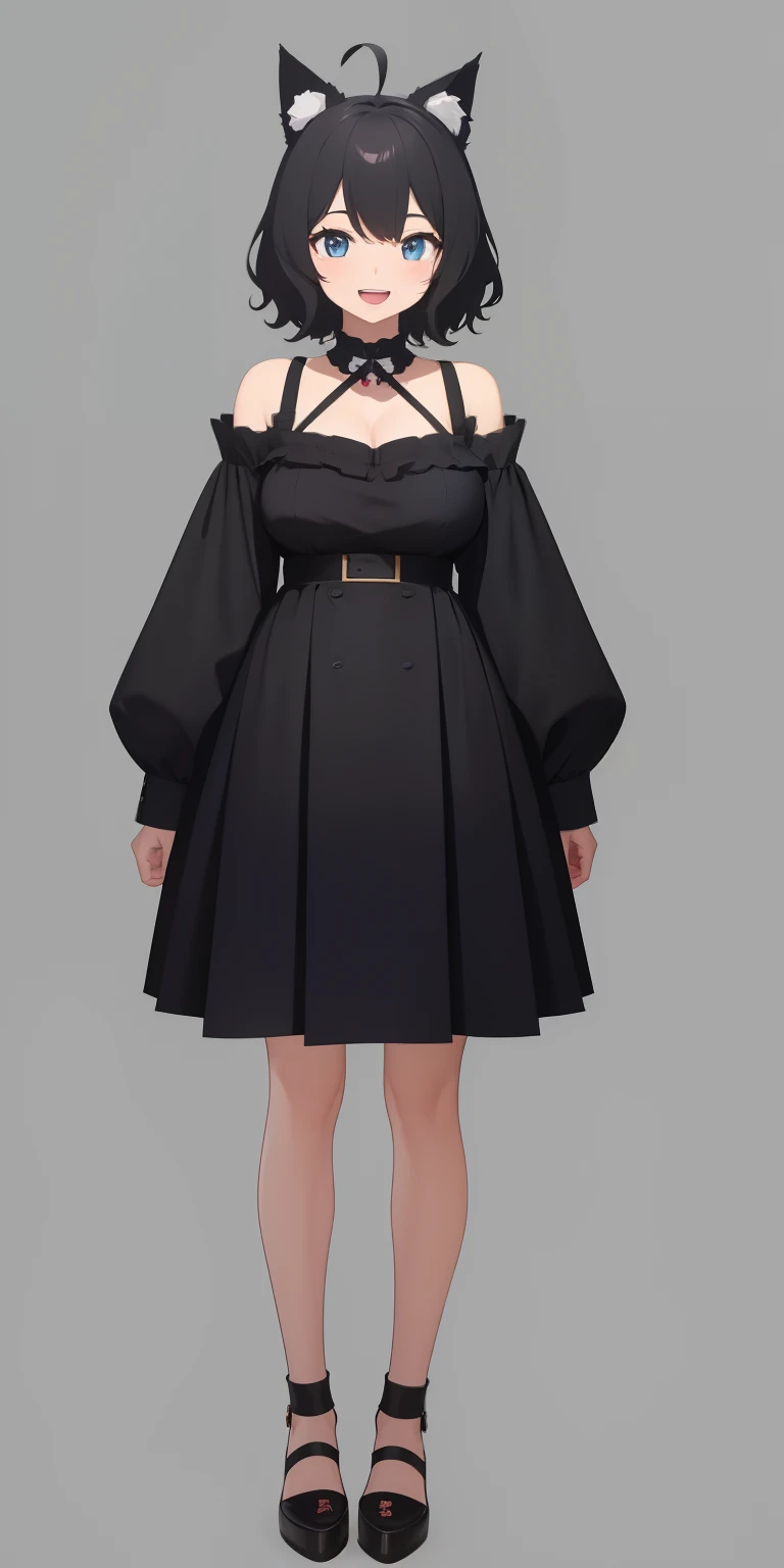 Full body,(( Upright)), ((Arms at sides)), Looking at Viewer, Simple background, 1girl in, Open mouth, Smile, Virtual Youtuber、girl with、、((Best Quality, high_resolution, Distinct_image)),(Black hair), (Black cat ears), (Ahoge), (absurdly short hair), (Wavy Hair), (Blue eyes),、A smile、large full breasts,(wearing shoes on feet)、concept-art、View Viewer、Clothes with a view of cleavage