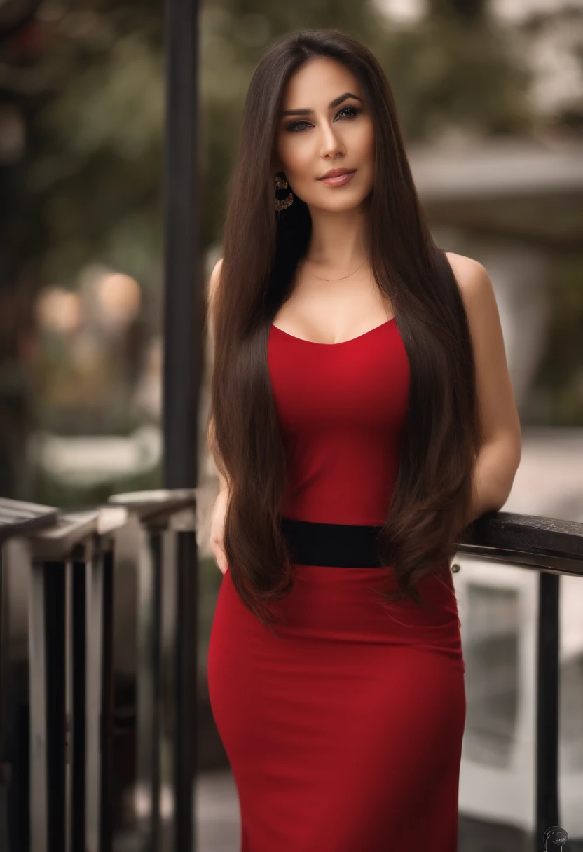 at office in background,looking at viewer,depth of field, bokeh,light falling,((MILF)) 1girl wearing an office outfit, red shirt, black skirt ,huge breasts, brown eyes,(long hair, black hair, very straight hair:1.4, hime cut:1.4), earrings necklace,pout, photography, masterpiece, best quality,HDR, highres,realistic details, glowing skin, mature figure, voluptuous body, voluptuous breasts, perfect body, wide hips, colorful, looking at viewer, Hyperrealistic, from the front, watercolor, traditional media, (chromatic aberration, intricate details), dynamic poses,dynamic angle, 40K, HDR, highres,