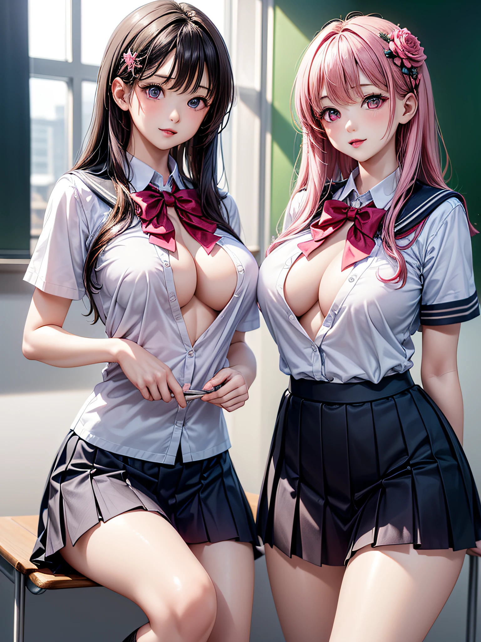((2girls)), ((Best Quality)), (Ultra-detailed), (extremely detailed CG unified 8k wallpaper), Highly detailed, High-definition raw color photos, Professional Photography, ((Beautiful big breasts)), ((bare breasts)), (Pink floral hair ornament), Peanut butter brown hair, Amazing face and eyes, Pink eyes, (amazingly beautiful girl), (hi-school uniform, pleated skirt:1.3), (hi-school uniform with wide open breasts:1.4), Cameltoe, no panties, School, classroom,