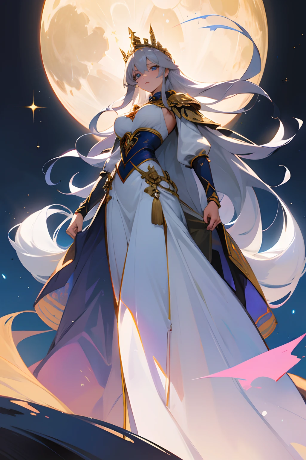 Queen of the Moon, beautiful queen, grey hair, long hair, blue eyes, excellent proportions, golden fantastic costume