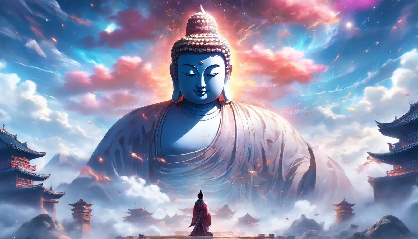 China-style,In the distance, A huge statue of Maitreya Buddha stands in space,Gaze at the earth,Standing Buddha statue,with light glowing,Glow effects,Pilgrims on the road,Hyper-realistic,Ultra photo realsisim,Real Photographics,8K,High definition,high qulity,Works of masters,super-fine,Chinese black and white ink style,(((white colors))),Decolorization,Smudge,ink,8K,super-fine,high qulity,(((OC renderer)))