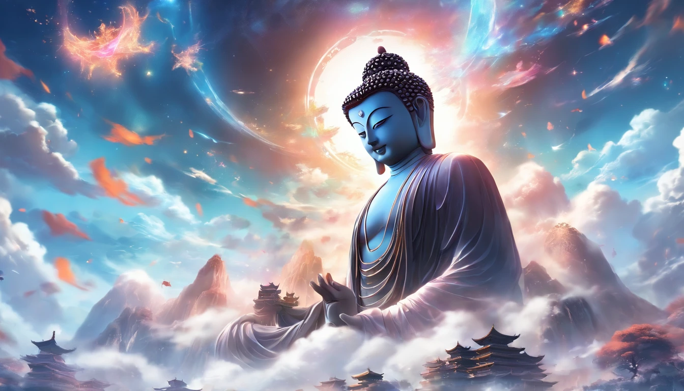 China-style,In the distance, The huge Maitreya Buddha statue stands in space,Gaze at the earth,Standing Buddha statue,with light glowing,Glow effects,Pilgrims on the road,Hyper-realistic,Ultra photo realsisim,Real Photographics,8K,High definition,high qulity,Works of masters,super-fine,Chinese black and white ink style,(((white colors))),Decolorization,Smudge,ink,8K,super-fine,high qulity,(((OC renderer)))