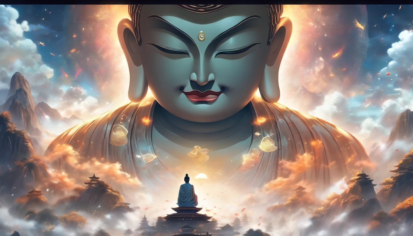 China-style,In the distance, A huge tall Buddha statue stands in space,Gaze at the earth,Standing Buddha statue,with light glowing,Glow effects,Pilgrims on the road,Hyper-realistic,Ultra photo realsisim,Real Photographics,8K,High definition,high qulity,Works of masters,super-fine,Chinese black and white ink style,(((white colors))),Decolorization,Smudge,ink,8K,super-fine,high qulity,(((OC renderer)))