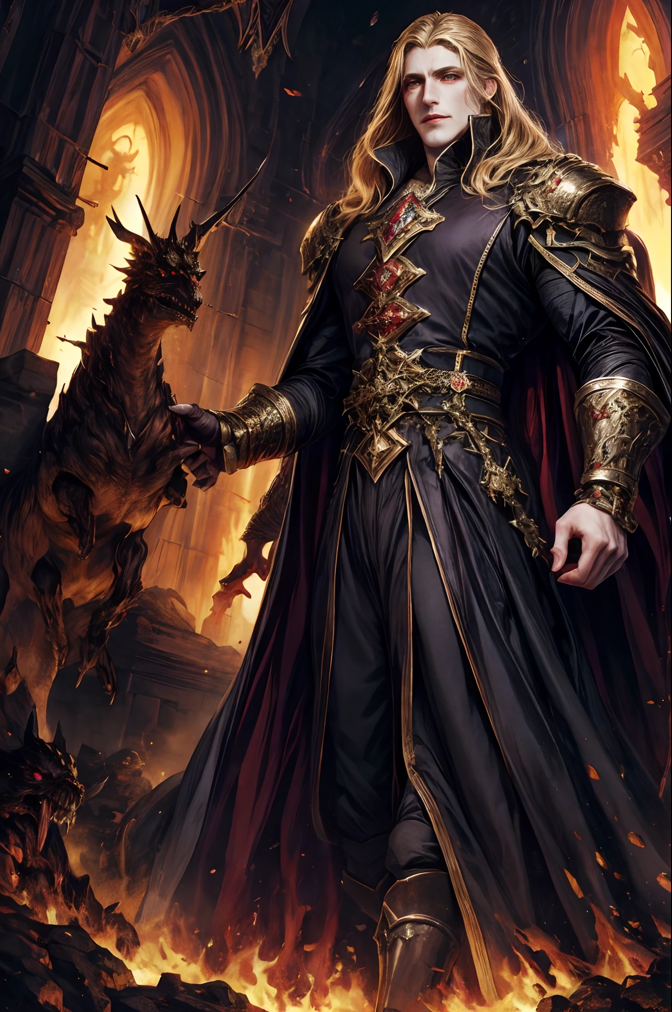 Castlevania lord of the shadows hyper realistic Super detailed Master piece high quality Lord Dracula leading army of demons surrounding blazing fire hyper réaliste three points perspective