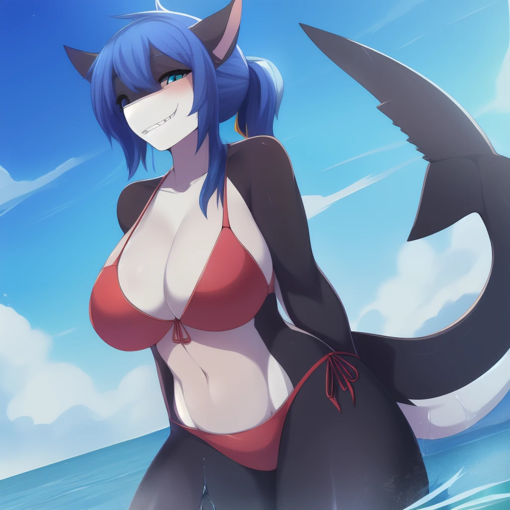 Masterpiece, Best_Quality, Ultra-detailed, 8K_wallpapers, Beautiful_pa_tender, anthro, Anthromorph, anthropomorphic shark, shark_Anthromorph, the anime_Girl, Glossy_Skin, Huge_pectorals, shark_tail, Sharp_teeth, bathing suit, bikinis, water_subject, dark purple-blue hair, hairlong, black skin, One Tail, pony tail