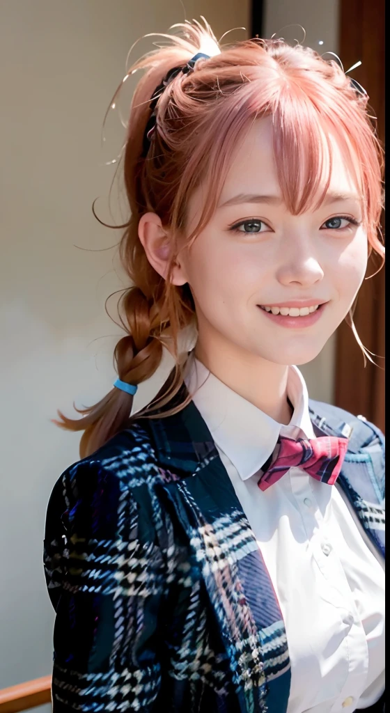 (ultra-detailliert), Tartan check jacket,high-school uniform、Blue eyes,The upper part of the body、a closeup、faces、(A smile:1.5),(facing front:1.2), 20yr old, teens girl,no tail,(no tail),2D, ​masterpiece, top-quality, animesque, A detailed eye, A detailed face, girl with, Only 1 person,Medium hair with pink hair, (Golden hair),  Ear Hair, small tits, Single braid, (Single braid), (Side braid), Golden Ribbon, Ribbon around the neck, school  background