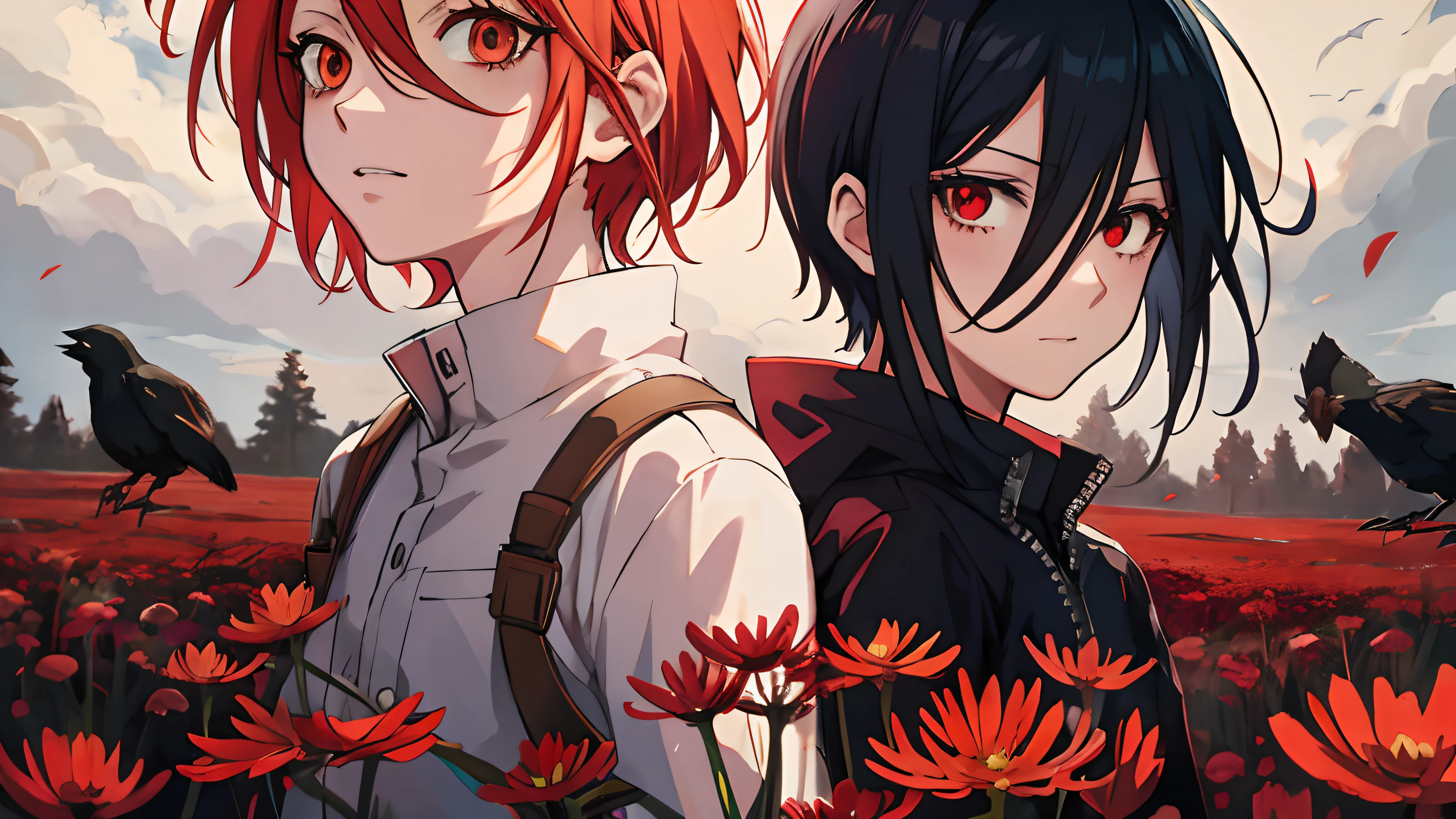 Chainsaw man anime, makima girl, field of red flowers, dark sky, crows, close up, only one girl, 8K, anime girl makima chainsaw man