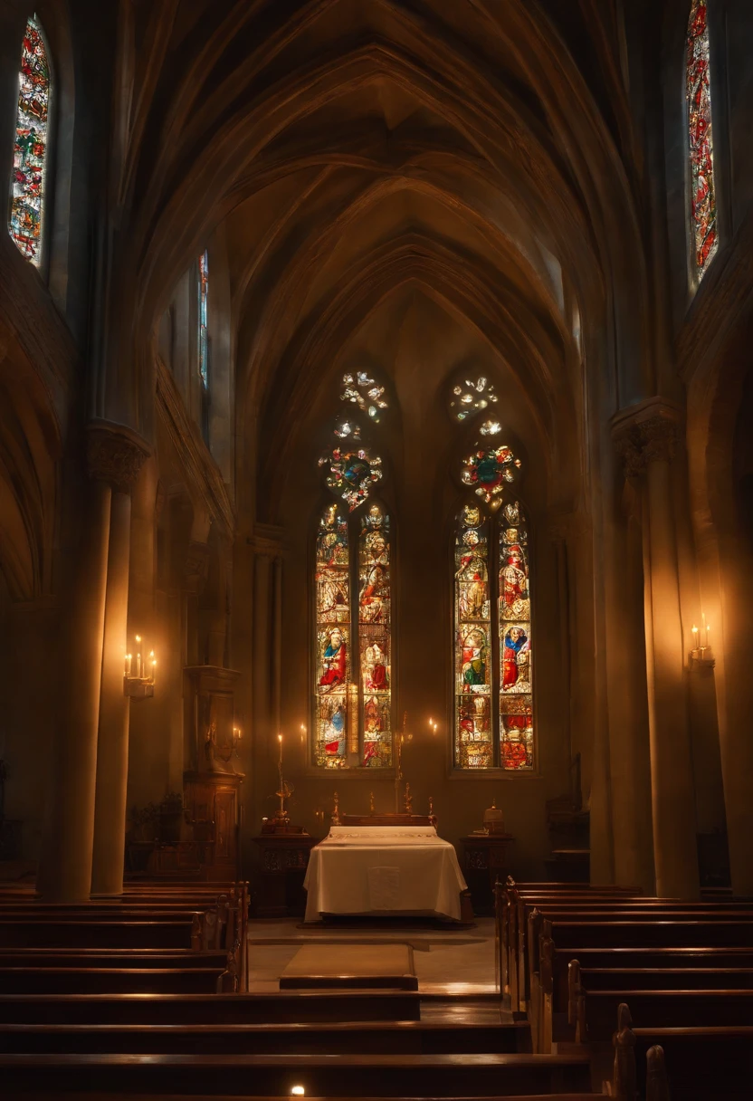 "In a dimly lit Gothic church, the warm glow of hope shines through the stained glass windows. The focal point of the painting is a beautifully detailed Holy Cross, adorned with intricate carvings and surrounded by delicate flowers. The scene is filled with an air of tranquility and reverence. The oil painting technique brings depth and richness to the colors, enhancing the overall atmosphere. The brushstrokes capture the essence of the flickering candlelight, casting shadows that dance along the walls. As the viewer gazes upon the painting, they can't help but feel a sense of serenity and solace. The misericordia, often represented as a carving or a sculpture found in churches, is depicted with utmost care, highlighting its intricate details. The painting is of the highest quality, with its stunning 4K resolution and ultra-detailed brushwork. It exudes a realistic and photorealistic quality, as if one could step into the church and be enveloped in its ethereal ambiance. The color palette is chosen to create a harmonious blend of rich hues, invoking a sense of spirituality and tranquility. The lighting in the painting is carefully crafted to capture the interplay between light and shadow, creating a captivating interplay of brightness and darkness. The result is a masterpiece that captures the essence of hope, faith, and the divine in a mesmerizing oil painting."