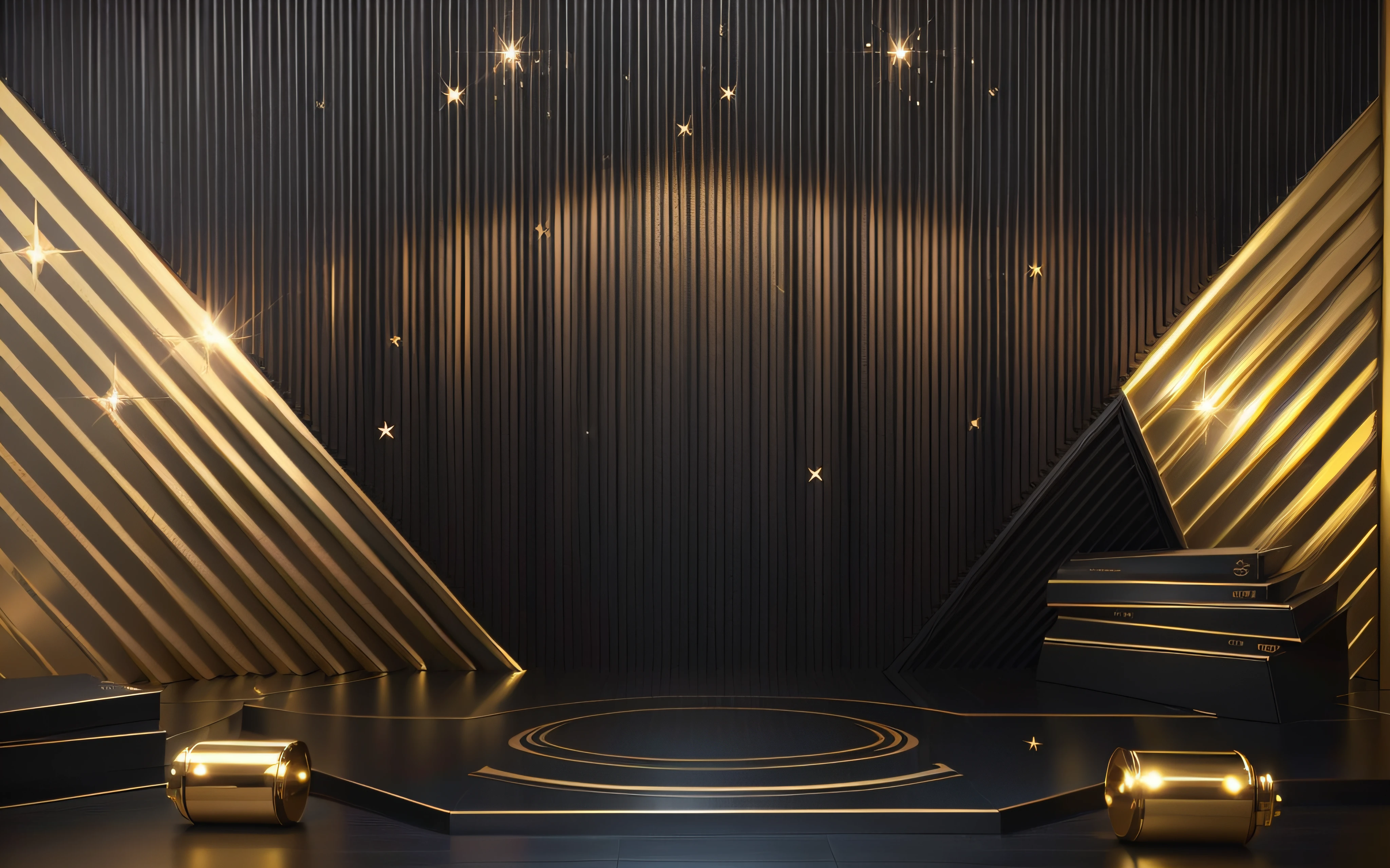 Un primer plano de un escenario , stage background, Fondo en primer plano, saloon background, Oro y materiales de lujo, ambiente de lujo, Esquema de color dorado y rojo, personal room background, cinematic accent lighting, Renderizado HD de lujo, award-winning composition, glamorous composition, Etapa en un club, Ilustraciones de fondo, harmony black room