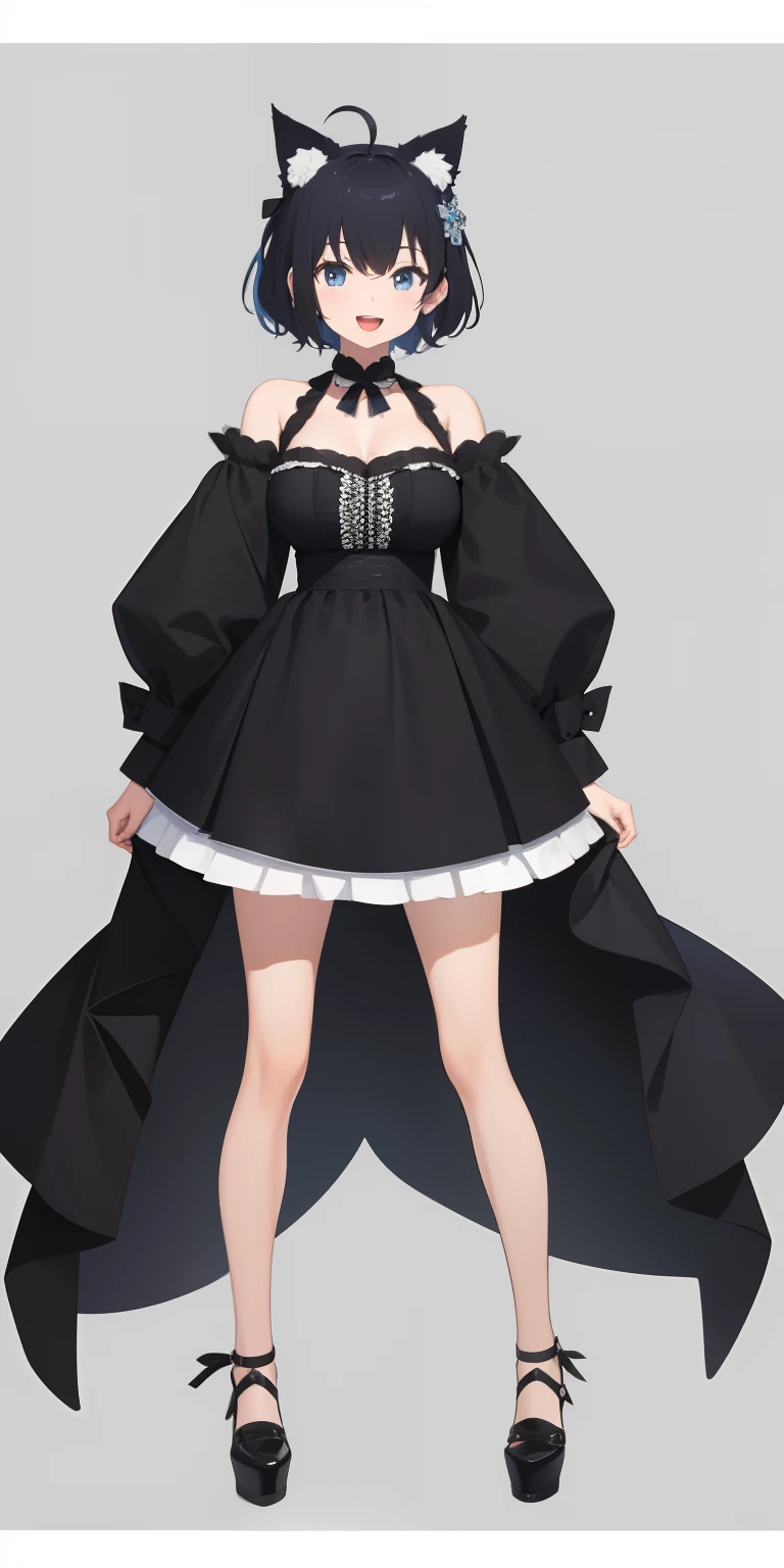 Full body,(( Upright)), ((Arms at sides)), Looking at Viewer, Simple background, 1girl in, Open mouth, Smile, Virtual Youtuber、girl with、、((Best Quality, high_resolution, Distinct_image)),(Black hair), (Black cat ears), (Ahoge), (absurdly short hair), (Wavy Hair), (Blue eyes),、A smile、large full breasts,(wearing shoes on feet)、concept-art、View Viewer、Dress with visible cleavage