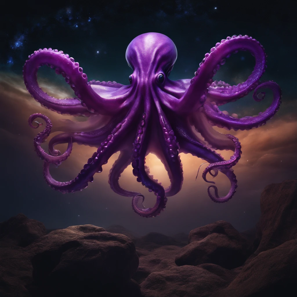 Masterpiece, Best quality, the wallpaper, Endless space,purpleish color，（Glass octopus），Cthulhu，terroral，unholy，on the sky，starlights。Lovecraft style,Photorealistic, high resolution, Detailed, Sharp focus