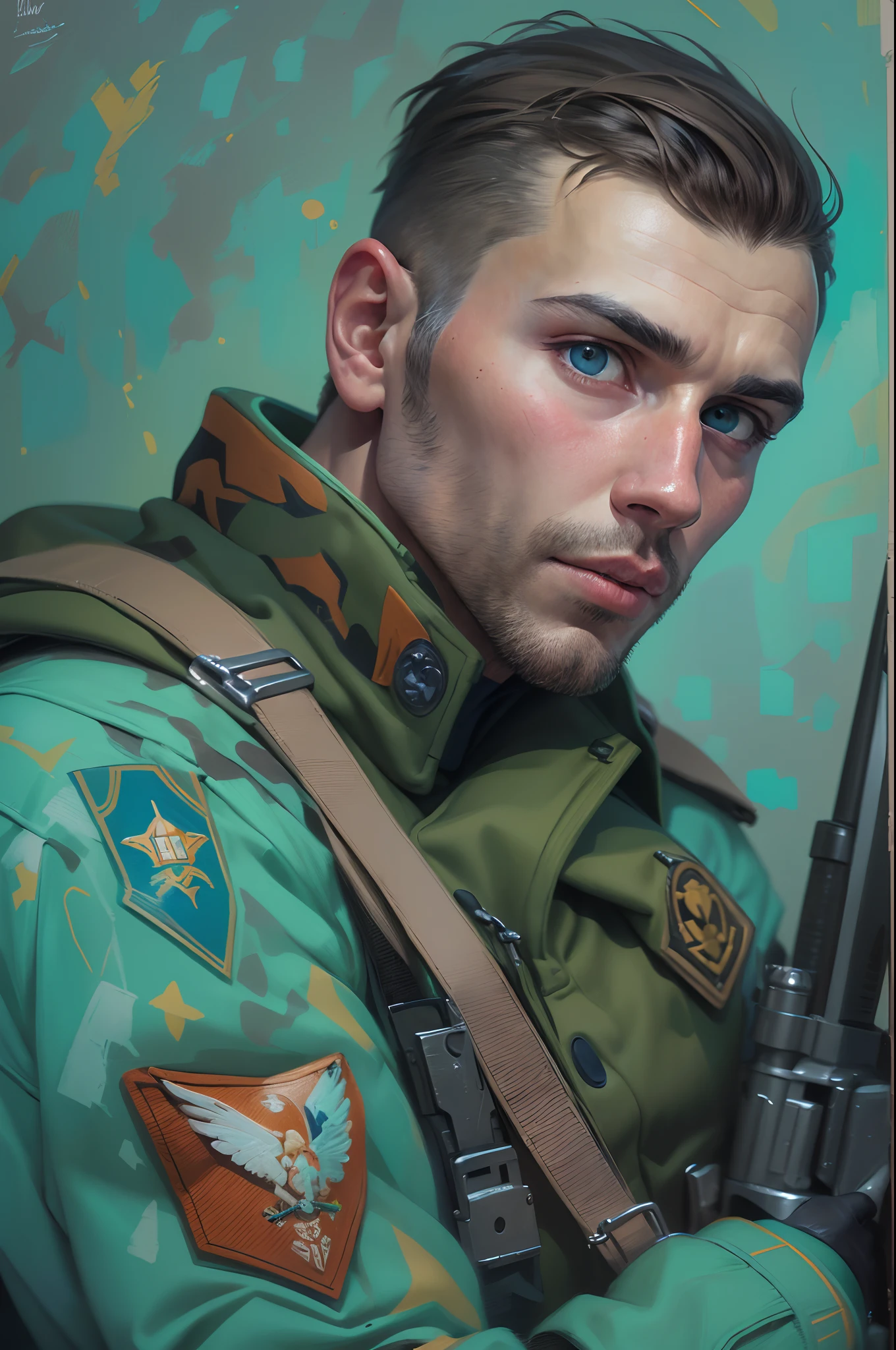 Um retrato do rosto de um homem de 28 anos ano 2010, utilizando uma boina militar azul claro com insignia da ONU , bela pintura com rosto altamente detalhado por Greg Rutkowski e Magali Villanueve, (O retrato mais bonito do mundo:1.5)