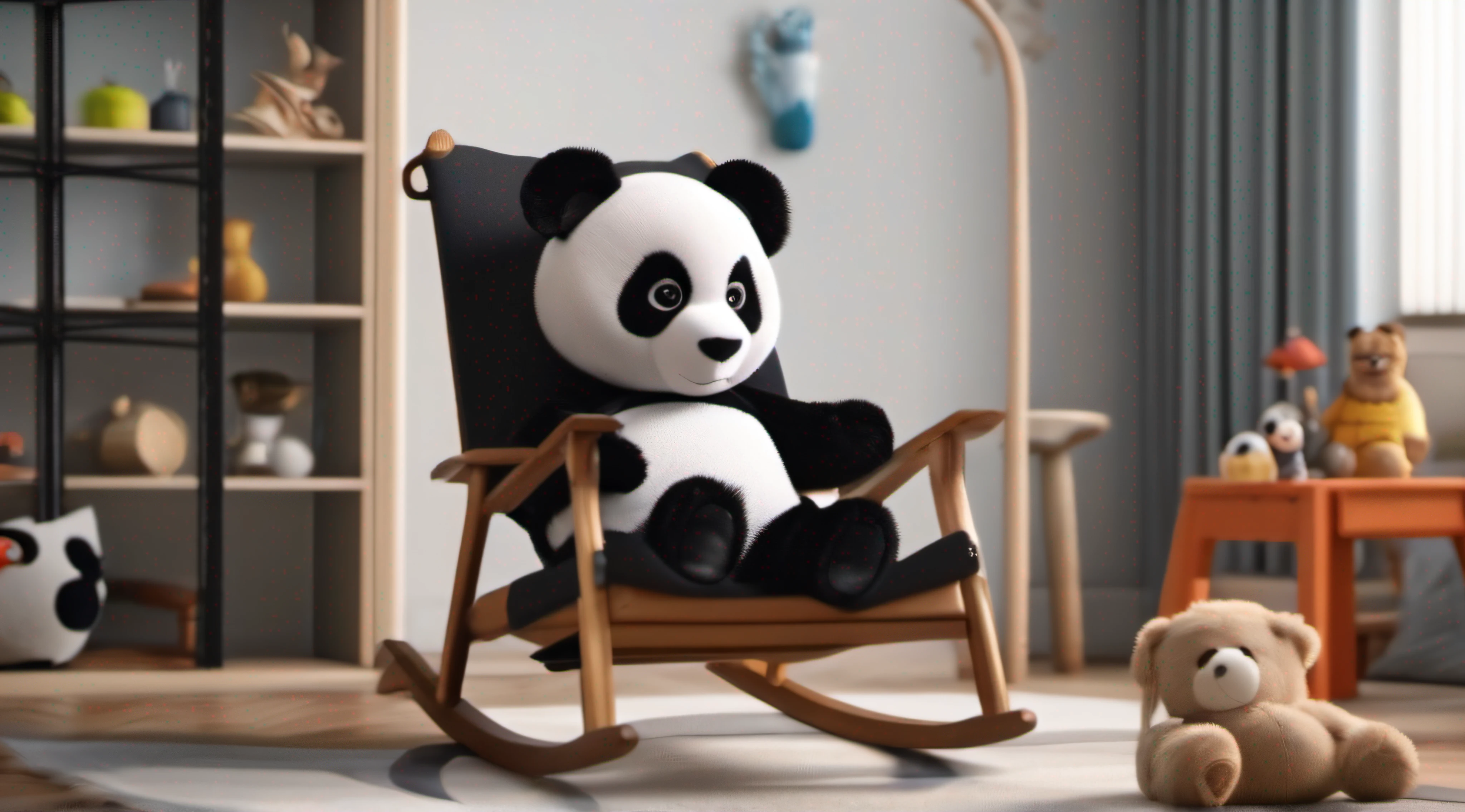  wearing panda clothes，Sit in a rocking chair in a daze，Background in the living room，There are children's toys nearby，Disney style，wide wide shot，8K，