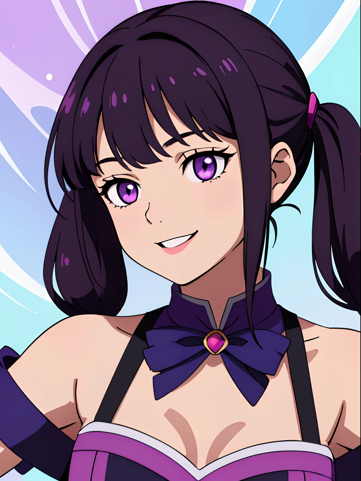 magical background、(​masterpiece、top-quality:1.2)、((facing front:1.2))、A smile、With bangs、A dark-haired、Longhaire、low twintails、Purple eyes、Young woman at 17 years old、((The upper part of the body:1.2))、Promotional Art、offcial art、magical girl costume