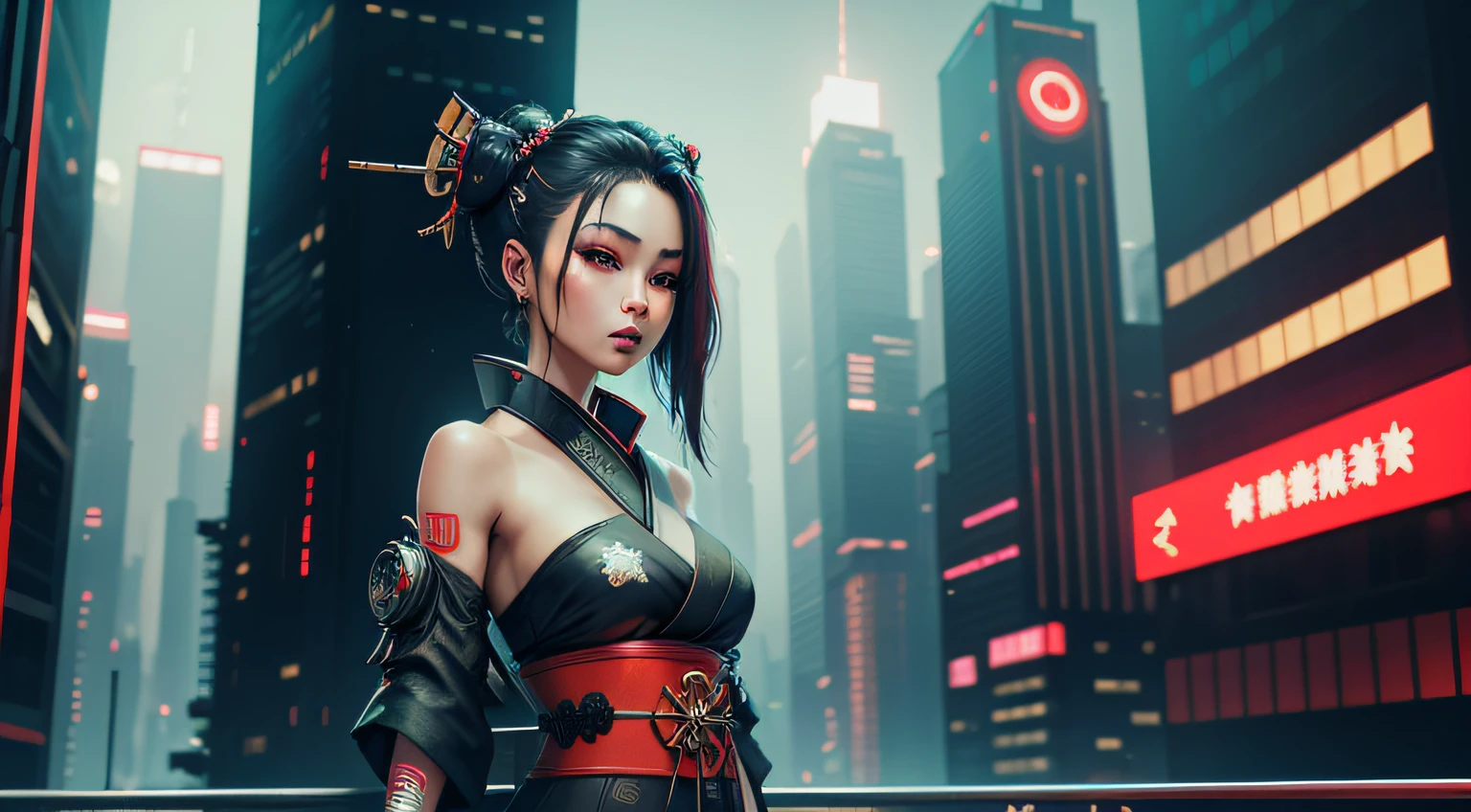 aerial view of a sprawling Cyberpunk cityscape, towering skyscrapers, neon lights, and holographic billboards. futuristic, high-tech and grunge elements. In the foreground, a female Geisha robot, mechanical joints and LED facial markings, in a futuristic version of a Geisha's kimono, adorned with digital patterns or neon accents. Matrix style, at night, extreamly dark sky, (1girl, solo), photo realistic, (large-breast:1.2 slim body, cleavage), (((sling bra top, extreamly short pleated (((miniskirt))) exposing panty))), (((((matrix style black sunglasses))))), (((((slightly leaning forward, aiming at camera with a (short gun), looking at camera))))), (((half-body (thigh level) medium shot))), (cinematic lighting).