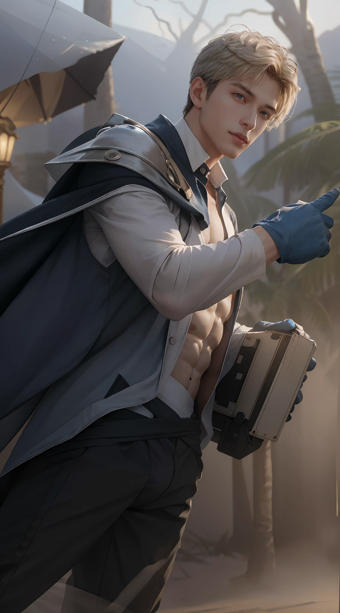 (((Image quality: 1.5, 8k photo, Sharp image: 1.5, Super detailed image, Super HD photo))), 1 man, (male model) hot skin, masterpiece, best qualities, most handsome man in the world, by Tham Quan, perfect body, beautiful male model, (light blonde hair), an attractive man 18-20 years old aesthetic, summer, white sand beach, (blue ocean water), clear blue sky, trees, coconut trees, blue sky, white clouds, rugged and handsome young man in transparent white shirt, transparent black fabric, shoulder jacket shirtless, chest muscles exposed, thighs exposed, ((transparent white briefs exposed)), (male focus), (smooth body)), smile, super cute, dynamic, cool pose and seductive, dramatic lighting, full body shot, full body shot, young face, full body, hairless body, tall and thin, well-proportioned body, outstanding, white or fair skin, Young face, Toned body, Hd, Natural skin tone, soft lighting, Highly detailed, Looking at audience, photography, Detailed skin, real people, realistic, realistic optics, Crazy details, Details facial detail, Maximize exaggeration, Exaggerated surrealism, film, tele, light complex detail, High detail, High detail, Digital painting, artstation, concept art, smooth focus, sharp, illustrated, Unreal Engine 5, 8K, art by Ross Tran and Greg Rutkowski and Alphonse Mucha, UHD, 8k, Show just for men .8k Ultra HD, DSLR, dim lighting, high quality, film grain, Fujifilm XT3, male fan, 2 person model.