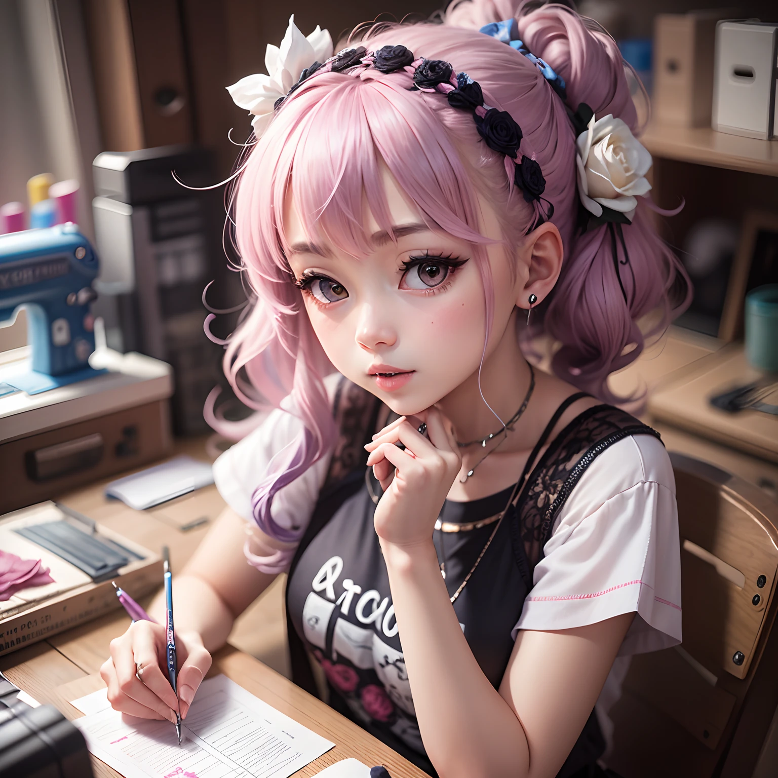 Femme arafed avec des cheveux roses et un t-shirt blanc avec un ordinateur portable, E - fille, e-fille, sewing Girl Folle, Live2D Virtual YouTuber Model, aux cheveux roses, devant un ordinateur, Indices de yayoi kasuma, Kawaii decorates Rainbowcore, Daughter of school sewing, Kanliu666, Tumblr, Rainbowcore atelier de couture design