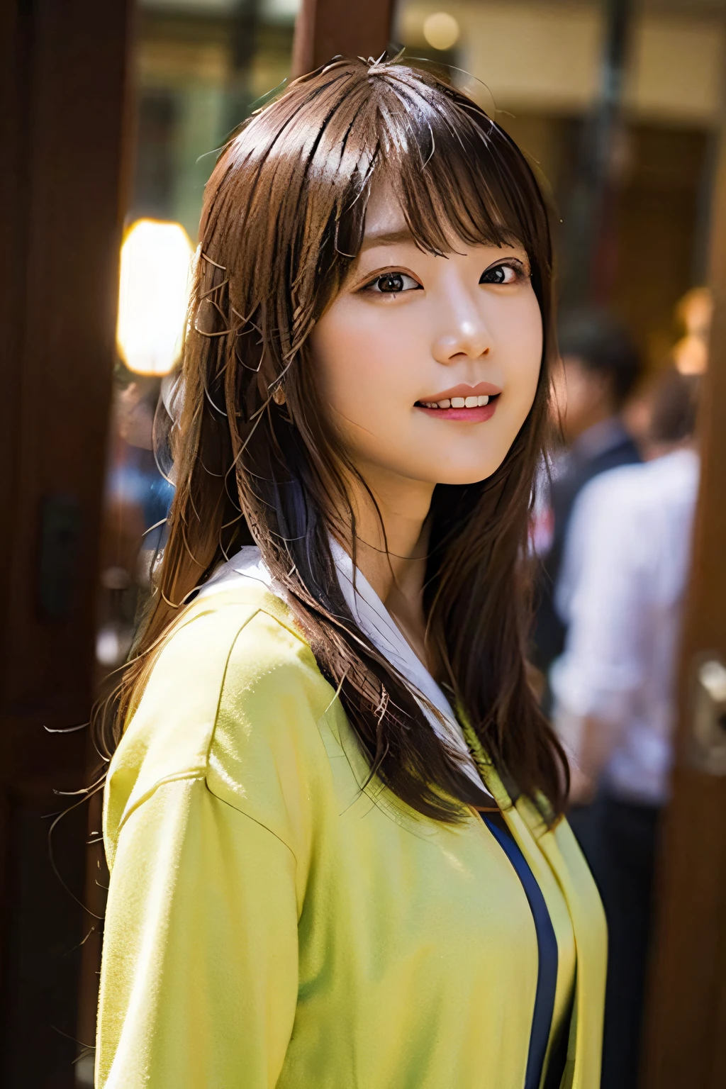 (8k、RAW Photography、top-quality、masterpiece:1.2)、(realisitic、Photorealsitic:1.37)、ultra-detailliert、超A high resolution、女の子1人、see the beholder、beautifull detailed face、a smile、Constriction、(slim waist) :1.3)、The shirt、Beautiful detailed skin、Skin texture、floated hair、profetional lighting、shrine maiden、