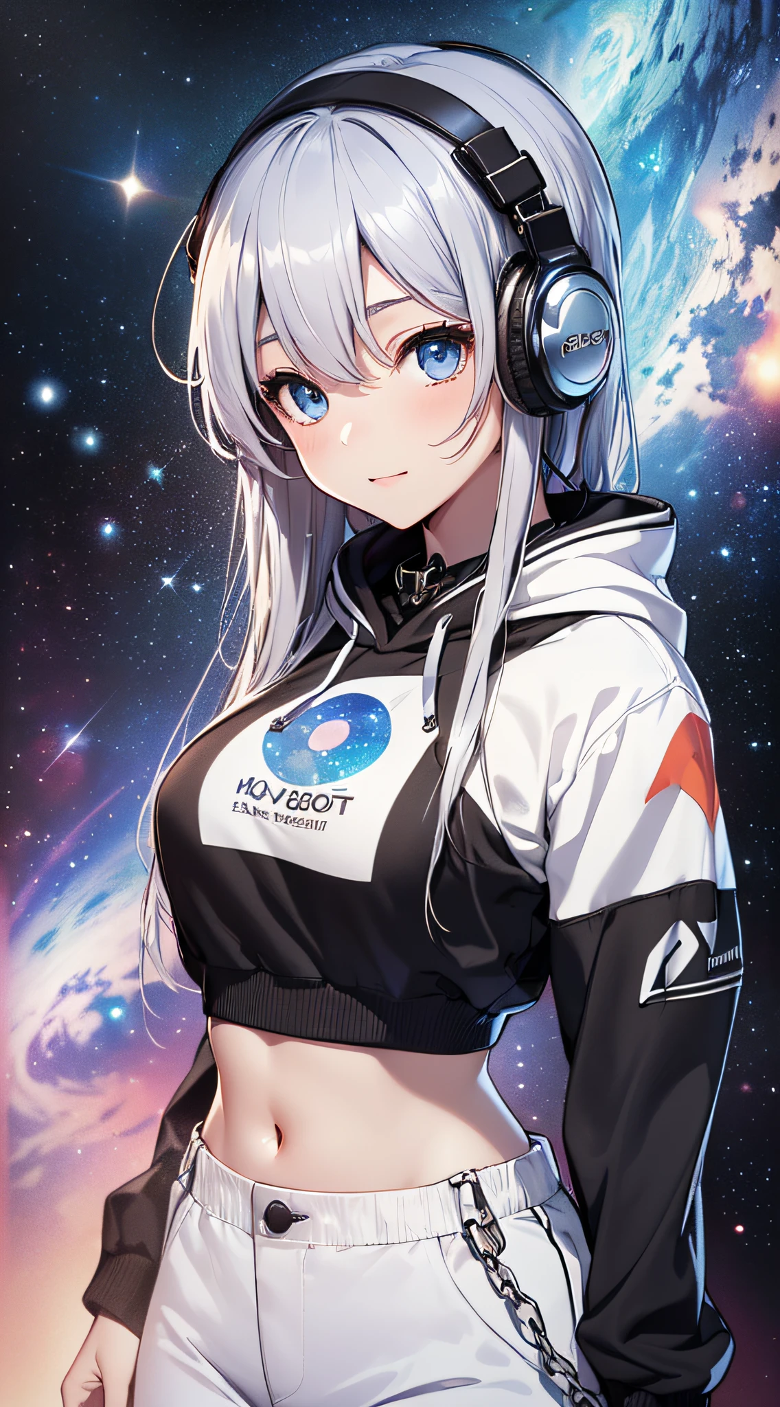 top-quality、Top image quality、masterpiece、girl with((18year old、Black navel exposes short sleeve hoodie、Sportsbra、White pants、Best Bust、Bust 90、silber hair、disheveled long hair、Blue eyes、open chest wide、Happiness、Chain Accessories、Put on headphones、Cosmic Accessories、weightless、Pointing up)hiquality、visualart、Background with(spaces、stele々、kosmos))、masutepiece、Best graphics、Super delicate