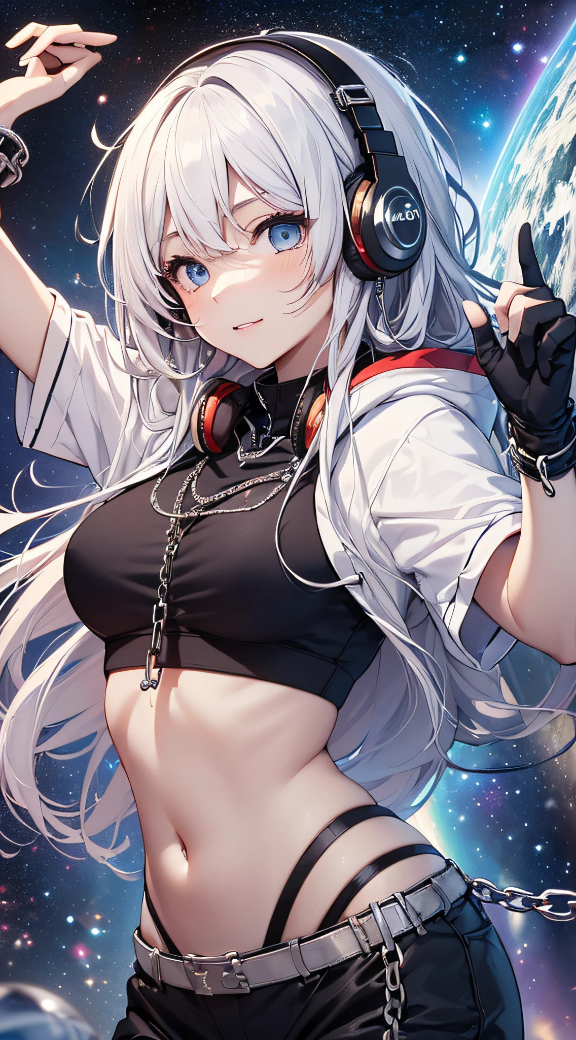 1girl, twintails,white hair,medium breasts,underboob,headphone,(masterpiece:1.4),(best quality:1.4),realistic