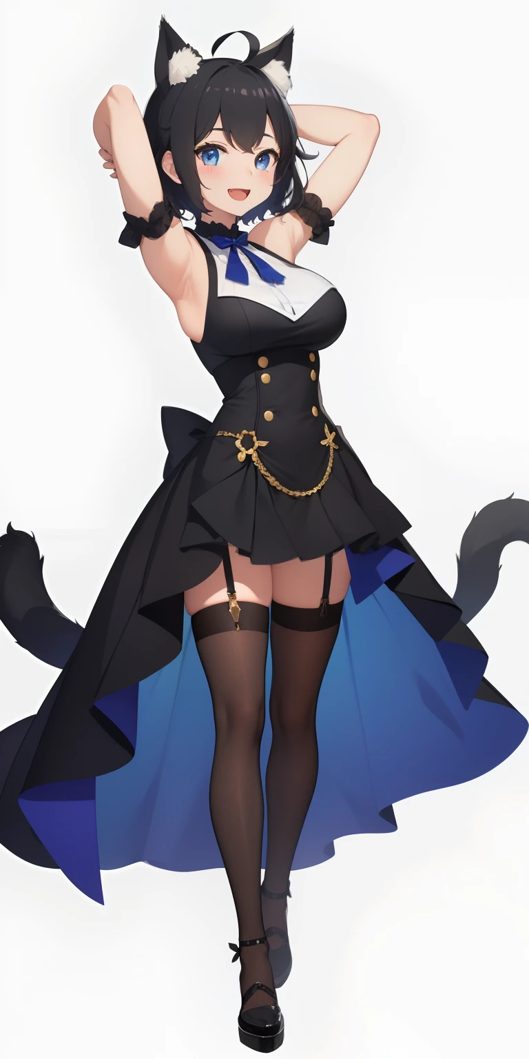 Full body,(( Upright)), ((Arms at sides)), Looking at Viewer, Simple background, 1girl in, Open mouth, Smile, Virtual Youtuber、girl with、、((Best Quality, high_resolution, Distinct_image)),(Black hair), (Black cat ears), (Ahoge), (absurdly short hair), (Wavy Hair), (Blue eyes),、A smile、large full breasts,(wearing shoes on feet)、concept-art、View Viewer、View of the valley