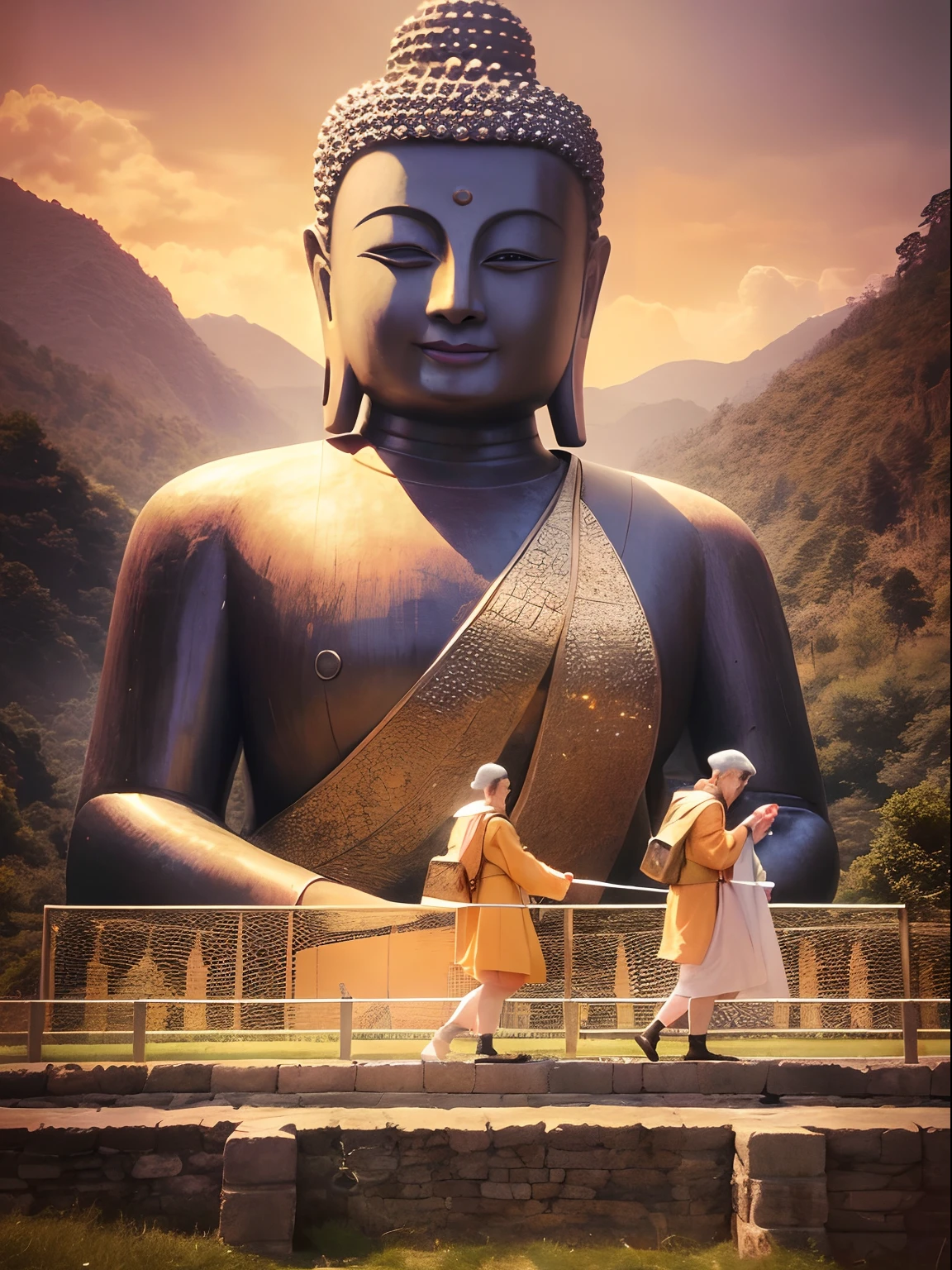 There are huge Buddha statues on the mountain,The Buddha statue has a calm face,Stoic face, a Buddhist Buddha, Buddhism, Buddha, Buddhist, The rising sun shines golden in the sky,The holy light shines on the Buddha statue,(Two pilgrims walk towards the Buddha statue:1.5), Verism, En plein air, Cinematic lighting, stereograms, Masterpiece, hyper HD, Best quality