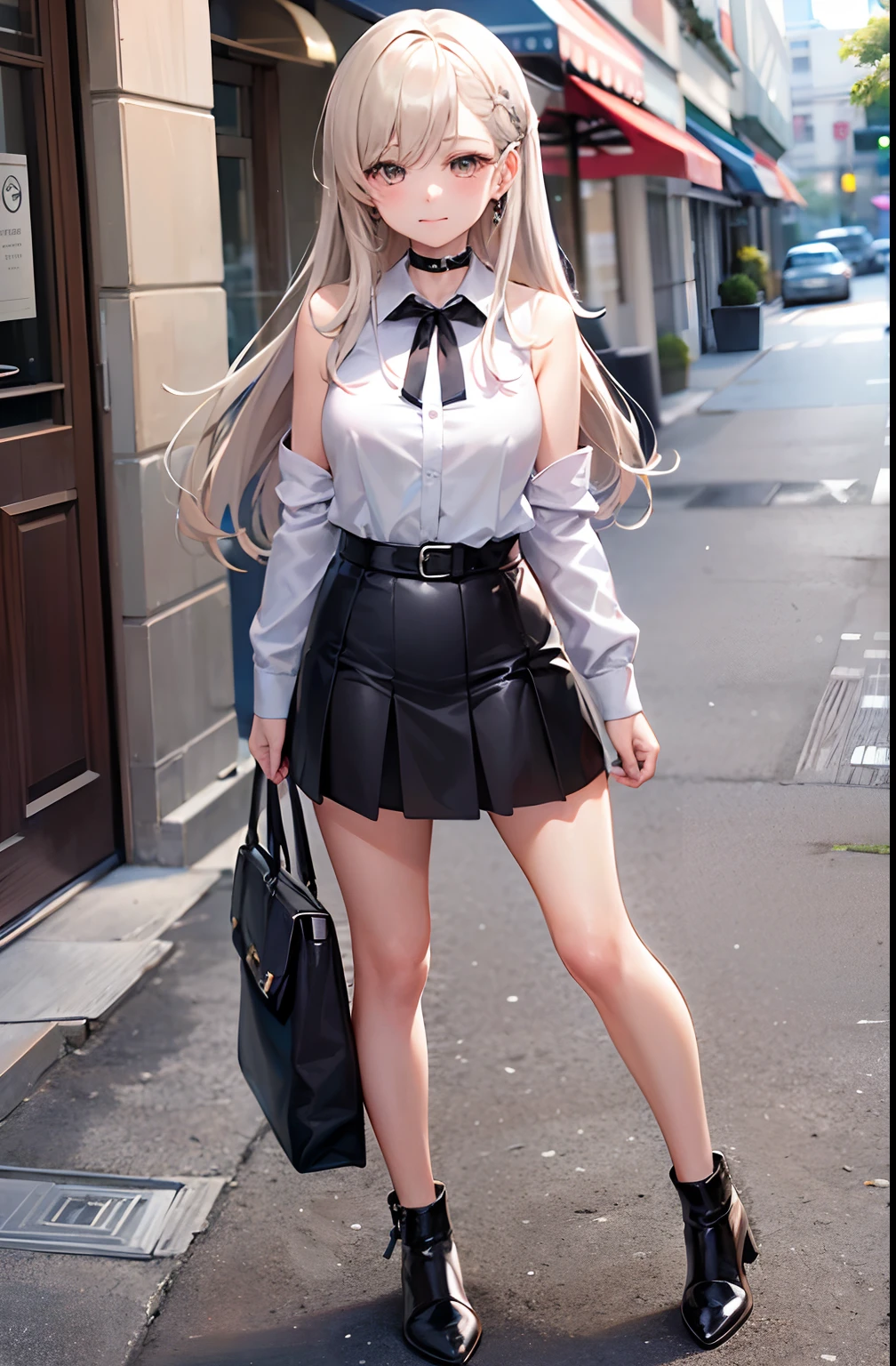 best quality, ultra high res, 1girl, sleeveless white button shirt, black skirt, black choker, cute, (Kpop idol), (aegyo sal:1), (platinum blonde hair:1), ((puffy eyes)), looking at viewer, full body, facing front