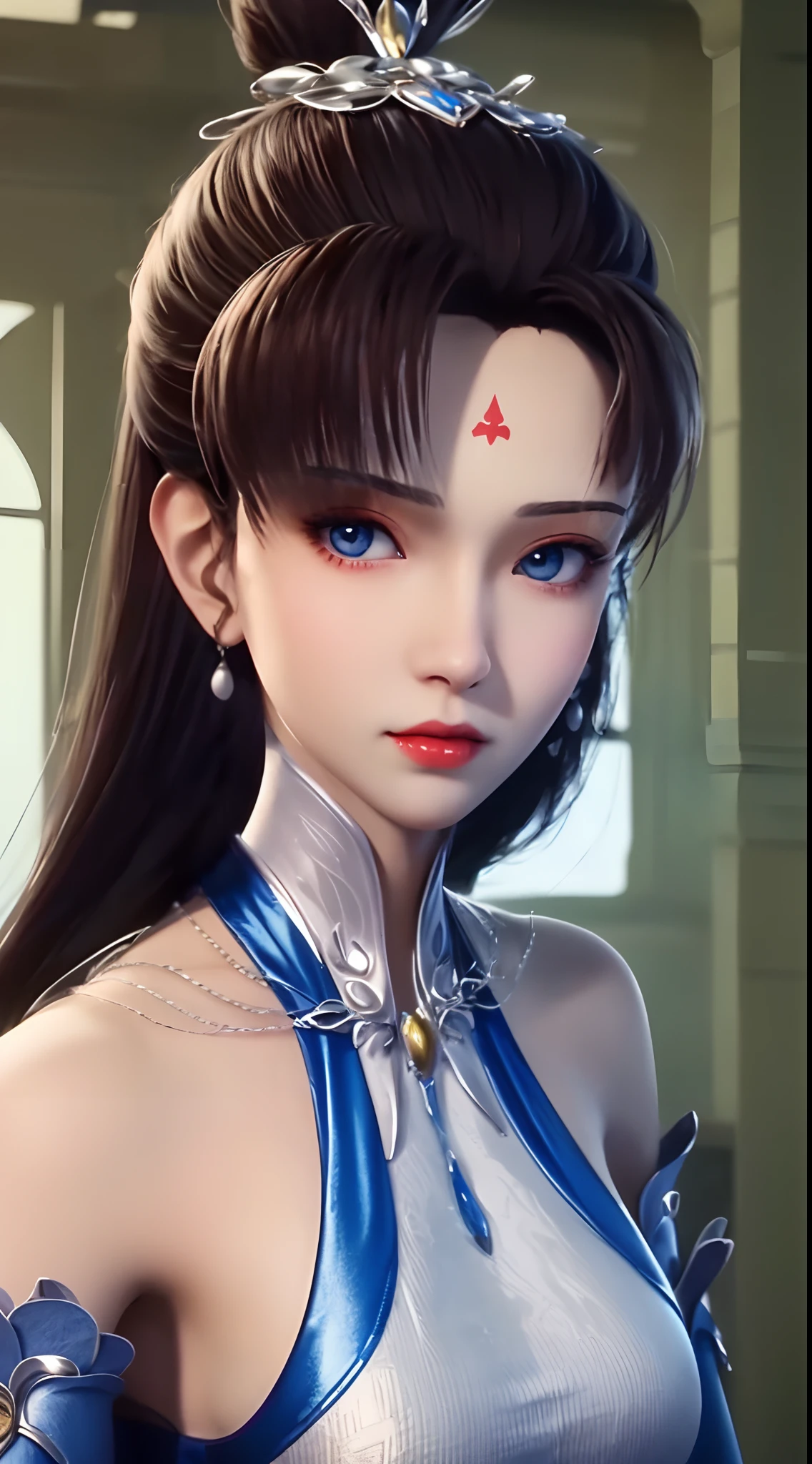 "1 beautiful girl wearing a traditional costume, a long thin light blue dress made of meticulously made silk, deep slit shirt, long hair and silver bangs with a hint of light blue, the most beautiful and detailed hair jewelry, beautiful little face thin eyebrows, the most beautiful and spotless face, ((black iris:0.8)), the very beautiful eyes, big round eyes, ((blue color eyes:1.1)), fine and detailed makeup eyelashes, high nose, wearing earrings, small red lips, rosy face, clean face, beautiful face without blemish, smooth white skin, ((big breasts: 0.9)), Blums boobs, ((big and super round breasts:0.9)), ((super tight breasts:1.2)), ((breast augmentation: 0.8)), beautiful breasts, slim and petite body, ((thin waist: 0.9)), upper body of a beautiful girl, sexy girl, skirt, lace mesh socks to match the color of the outfit, fishnet stockings color coordinated according to the outfit, pose elegantly, elegantly, and politely, 8k photo, super high quality, super realistic, 10x super pixels, photo realistic, dark studio, border light, two tone light, (detailed skin high: 1.2), 8k uhd, dslr, soft light, high quality, volumetric light, candid, Photo, high resolution, light, best photo, 4k quality, 8k, Bokeh, Smooth and sharp, pixel up 10 times, lightning, super graphics, the most realistic graphics, (((Snowy background: 1.6))), 1 girl, alone, solo, ((frontal portrait:1.5)), Extremely sharp, super realistic images."