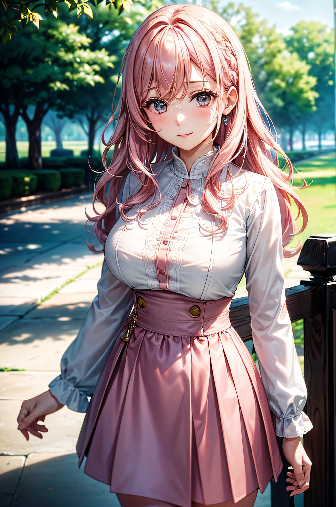 Solo, One Woman、(32-year-old lady, Large breasts, Wavy light medium pink hair, White blouse, Brown skirt 1.9),(​masterpiece:1.2、top-quality)、(Intricate details in real images), a park